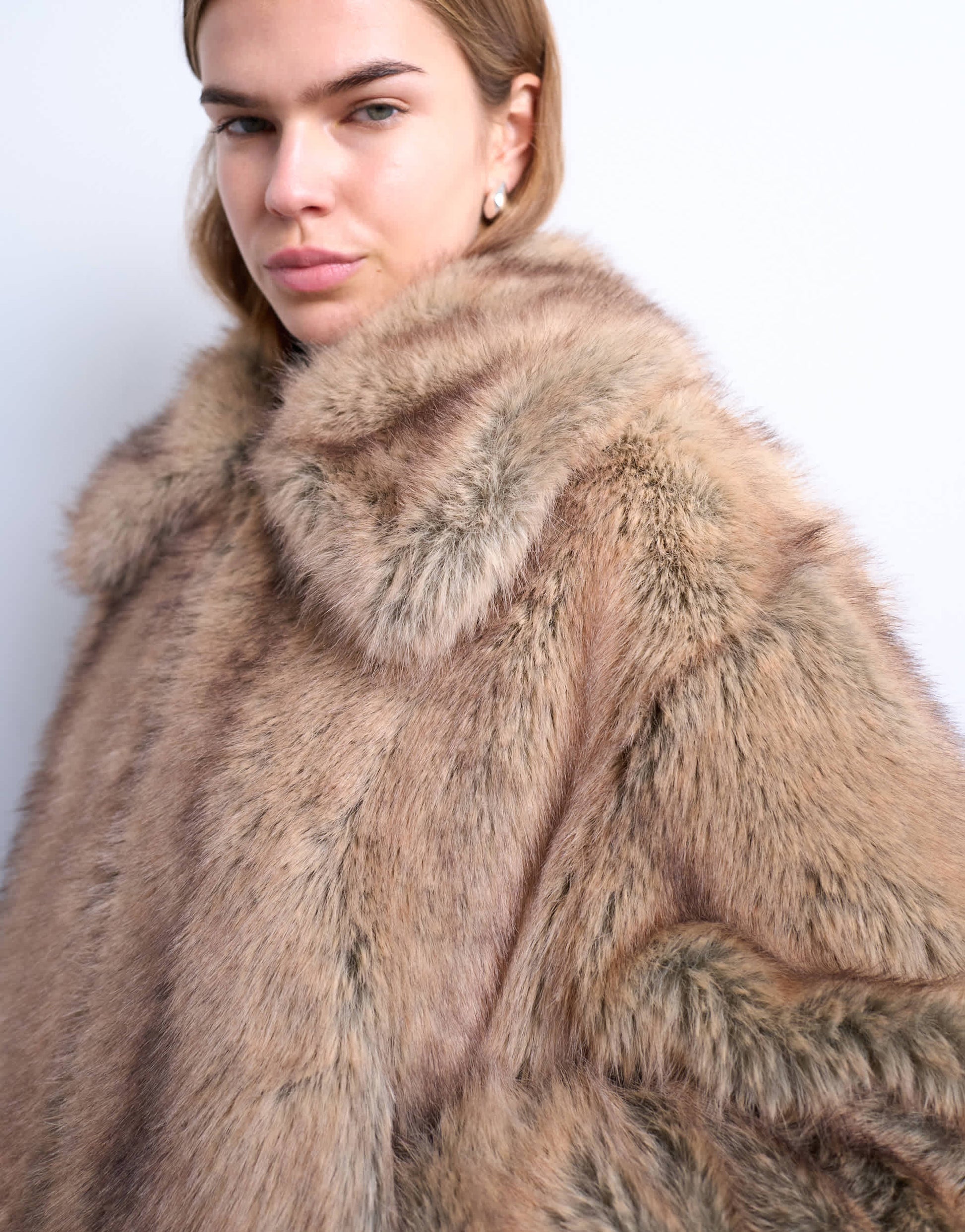 Topshop faux fur stripe zip thru bomber jacket in light brown