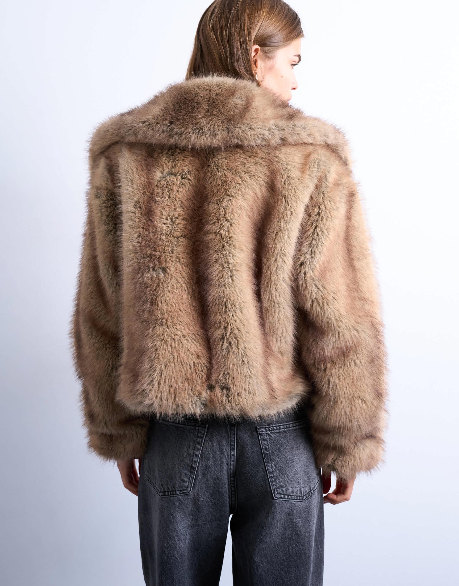 Topshop faux fur stripe zip thru bomber jacket in light brown