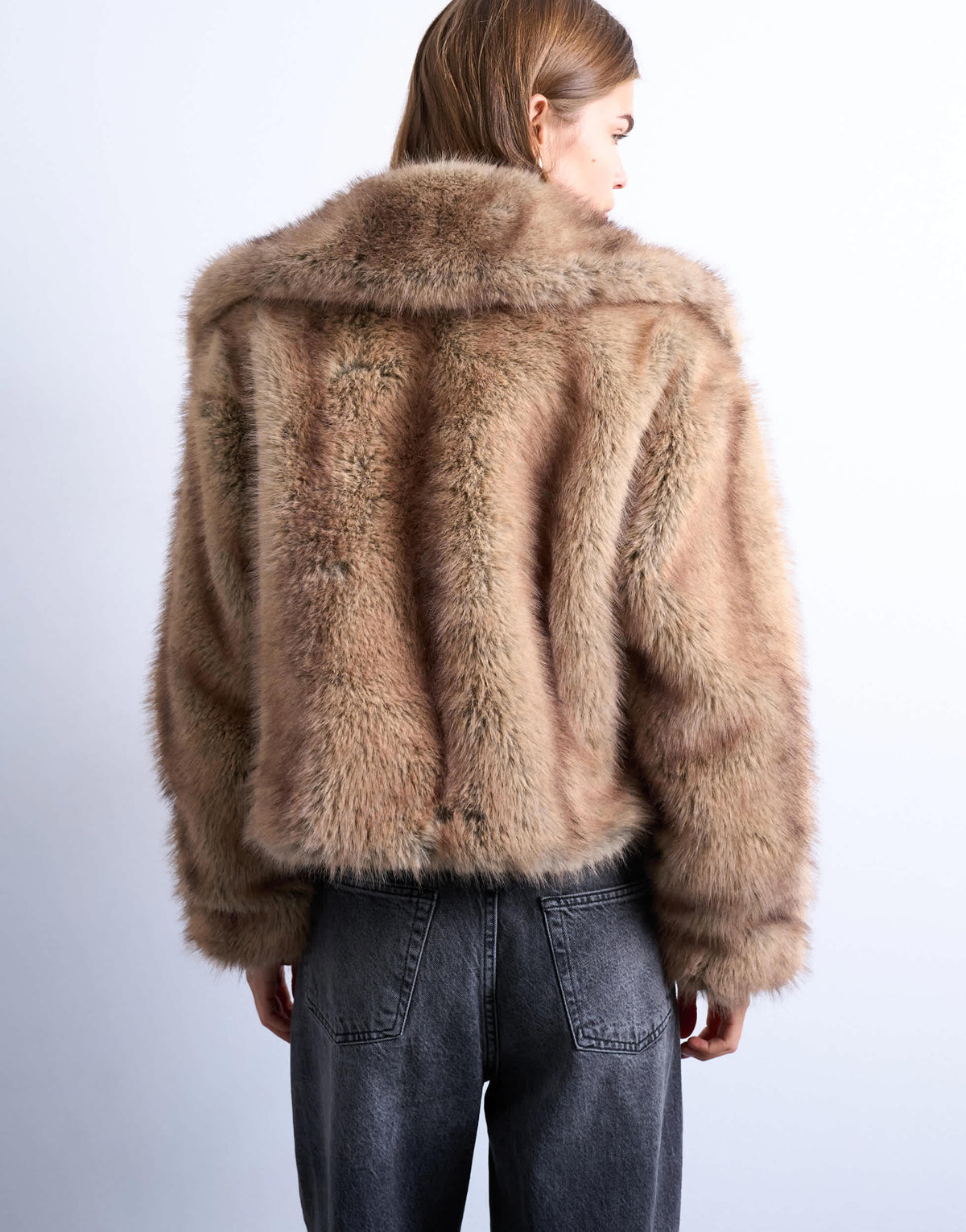 Topshop faux fur stripe zip thru bomber jacket in light brown