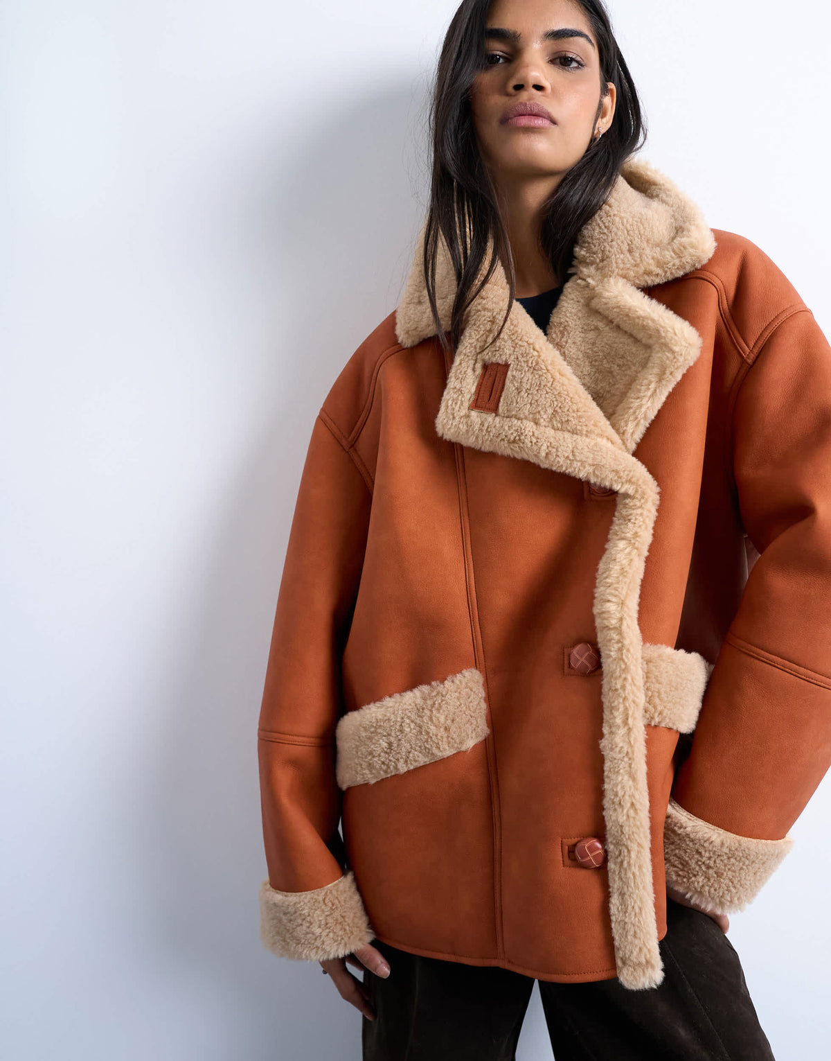 Topshop shearling  super oversized car coat in tan and cream