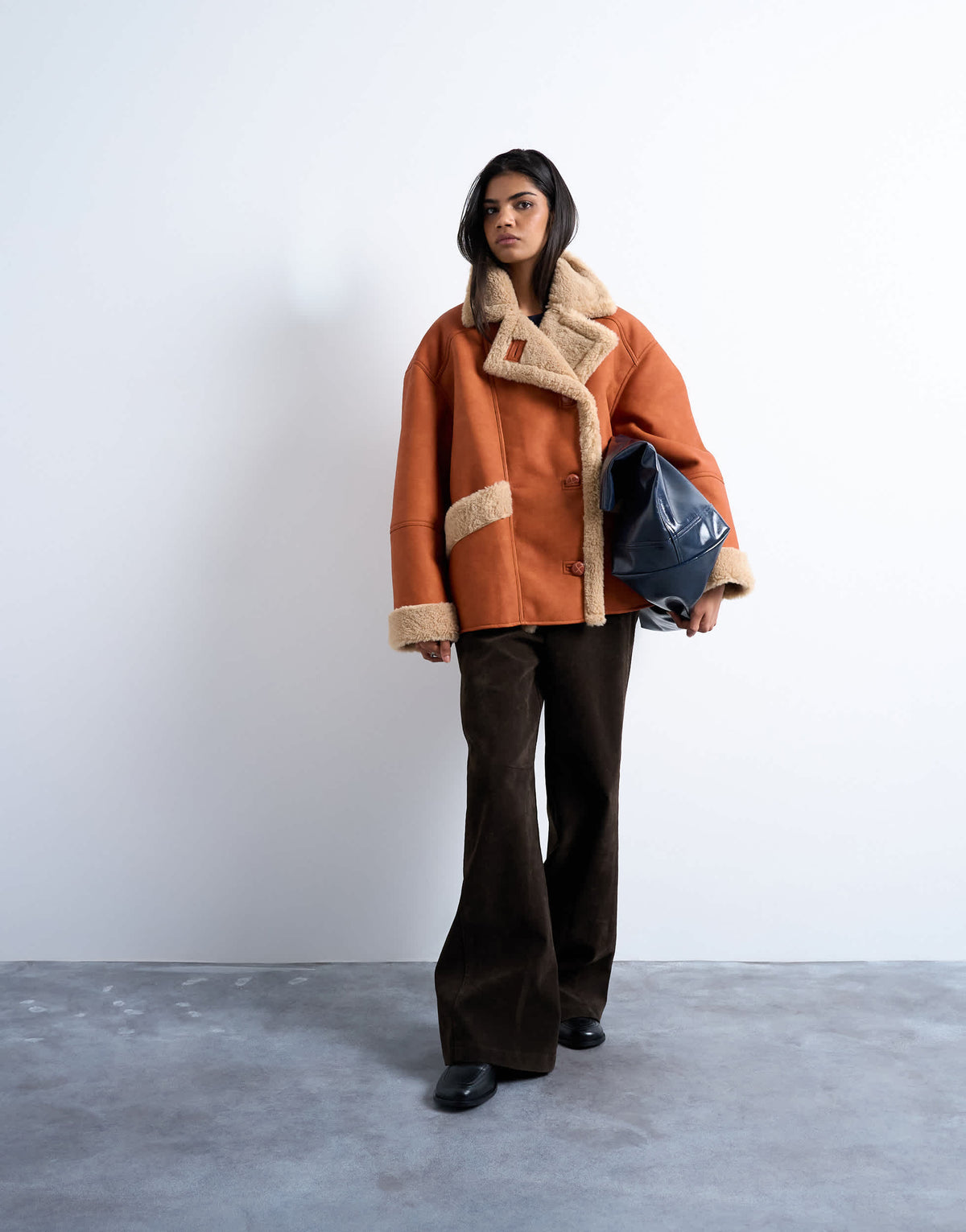 Topshop shearling  super oversized car coat in tan and cream