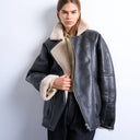 Bomber aviateur Topshop en peau lainée délavée vintage, coupe oversize, noir.