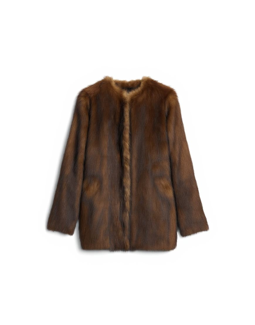 Topshop faux fur collarless mid length coat in ginger