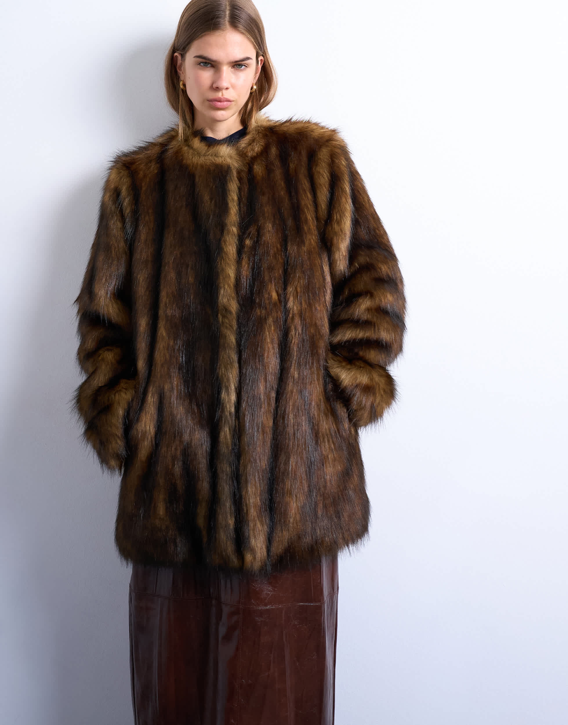 Topshop faux fur collarless mid length coat in ginger