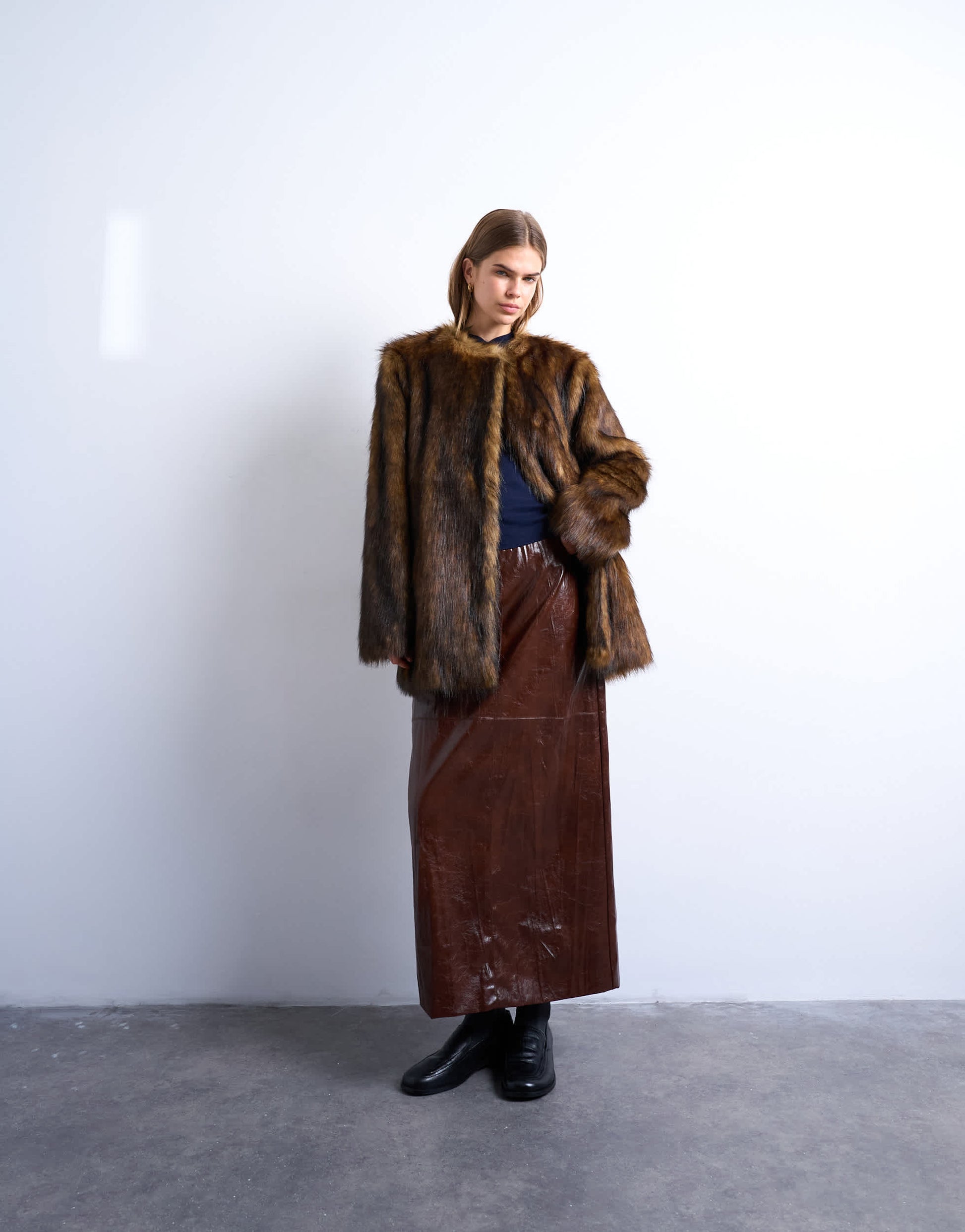 Topshop faux fur collarless mid length coat in ginger