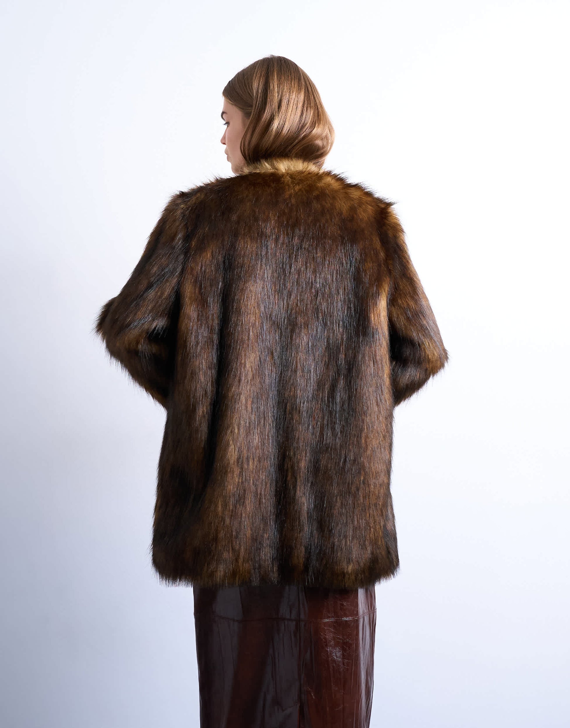 Topshop faux fur collarless mid length coat in ginger