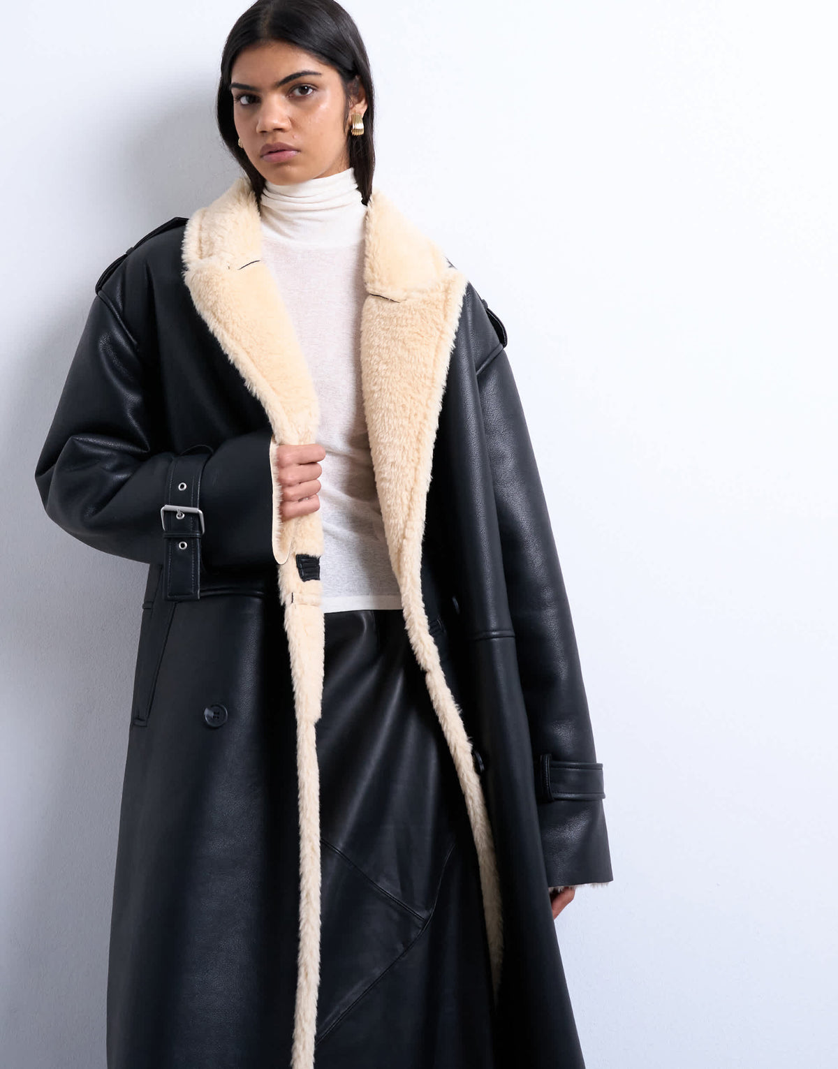 Topshop longline oversized funnel aviator borg coat in black and cream