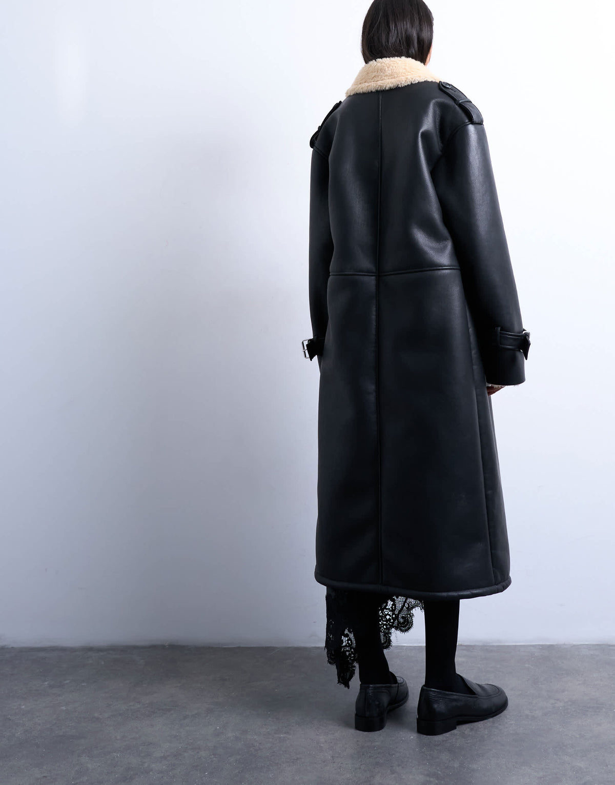 Topshop longline oversized funnel aviator borg coat in black and cream