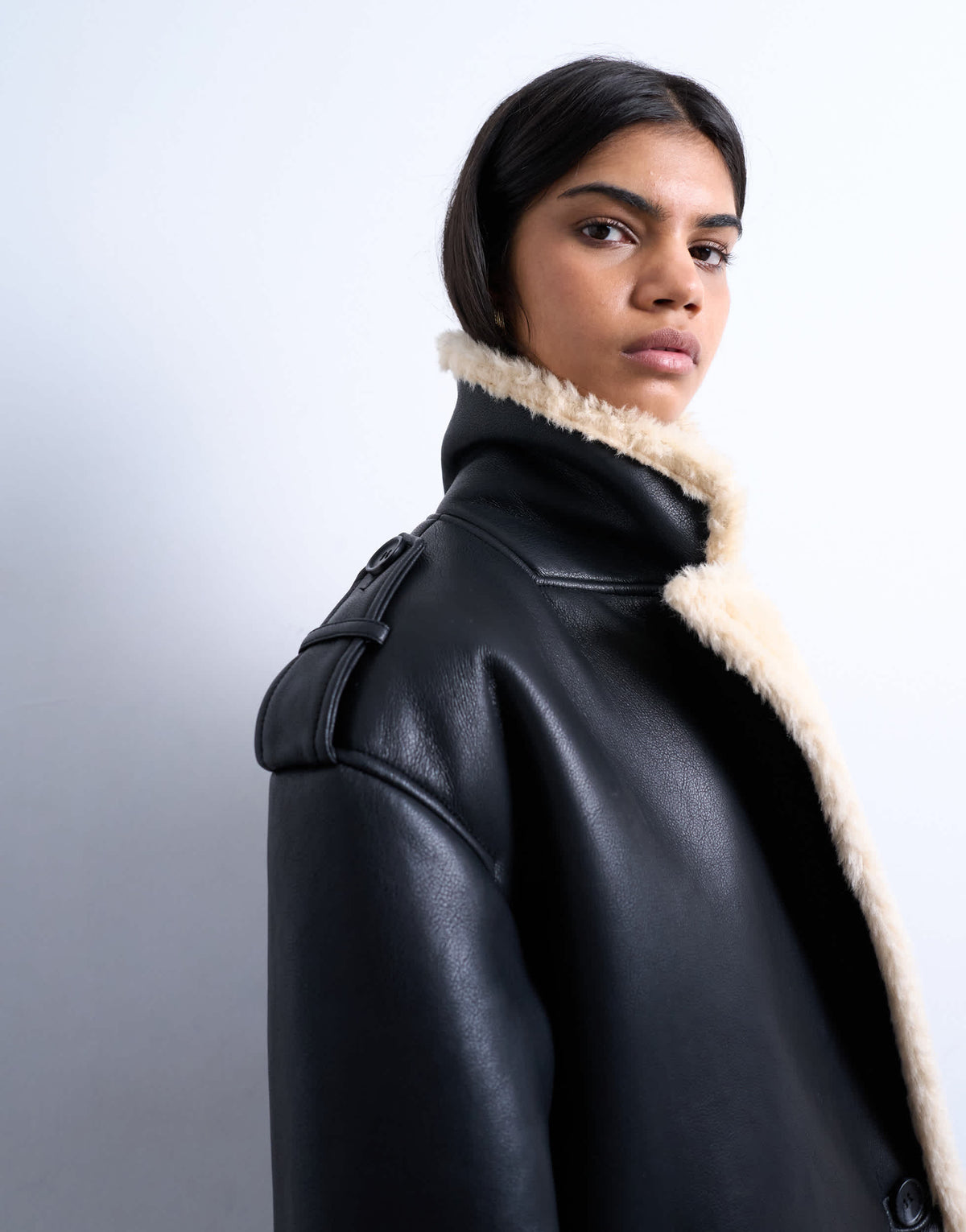 Topshop longline oversized funnel aviator borg coat in black and cream