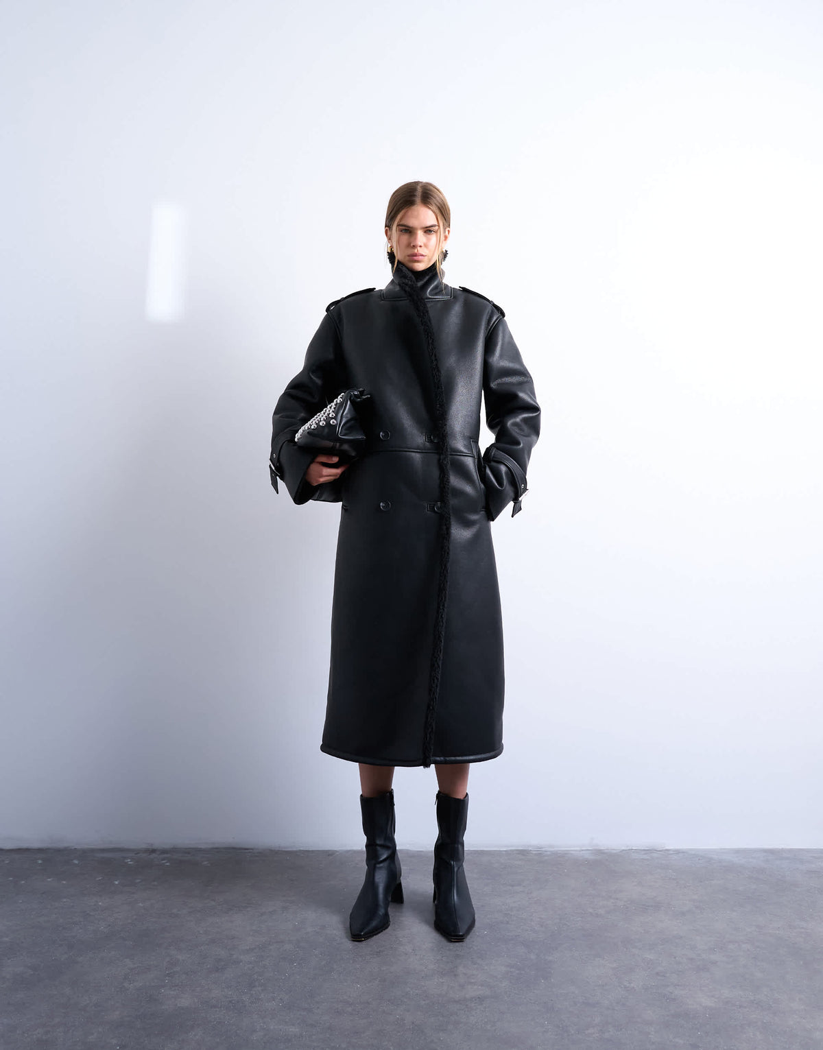 Topshop longline funnel oversized aviator borg coat in black