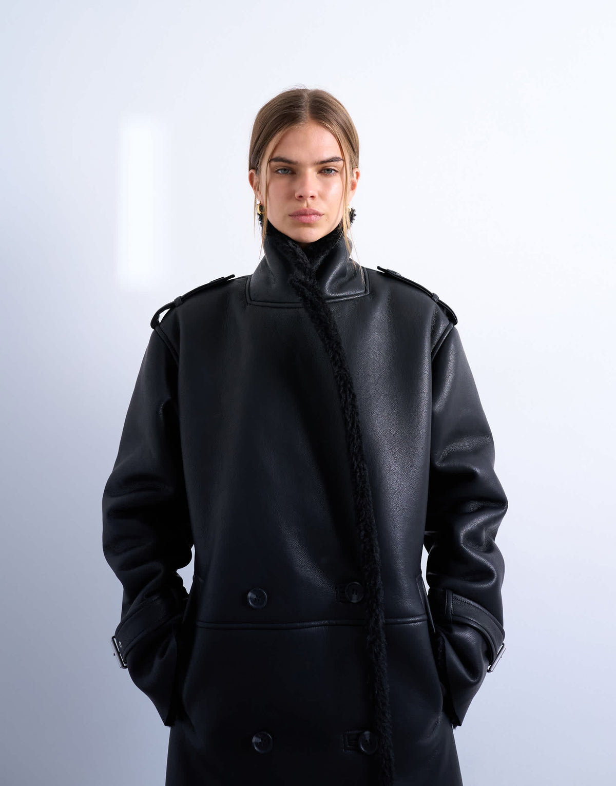 Topshop longline funnel oversized aviator borg coat in black