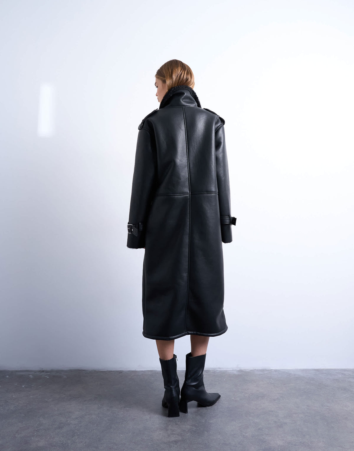 Topshop longline funnel oversized aviator borg coat in black