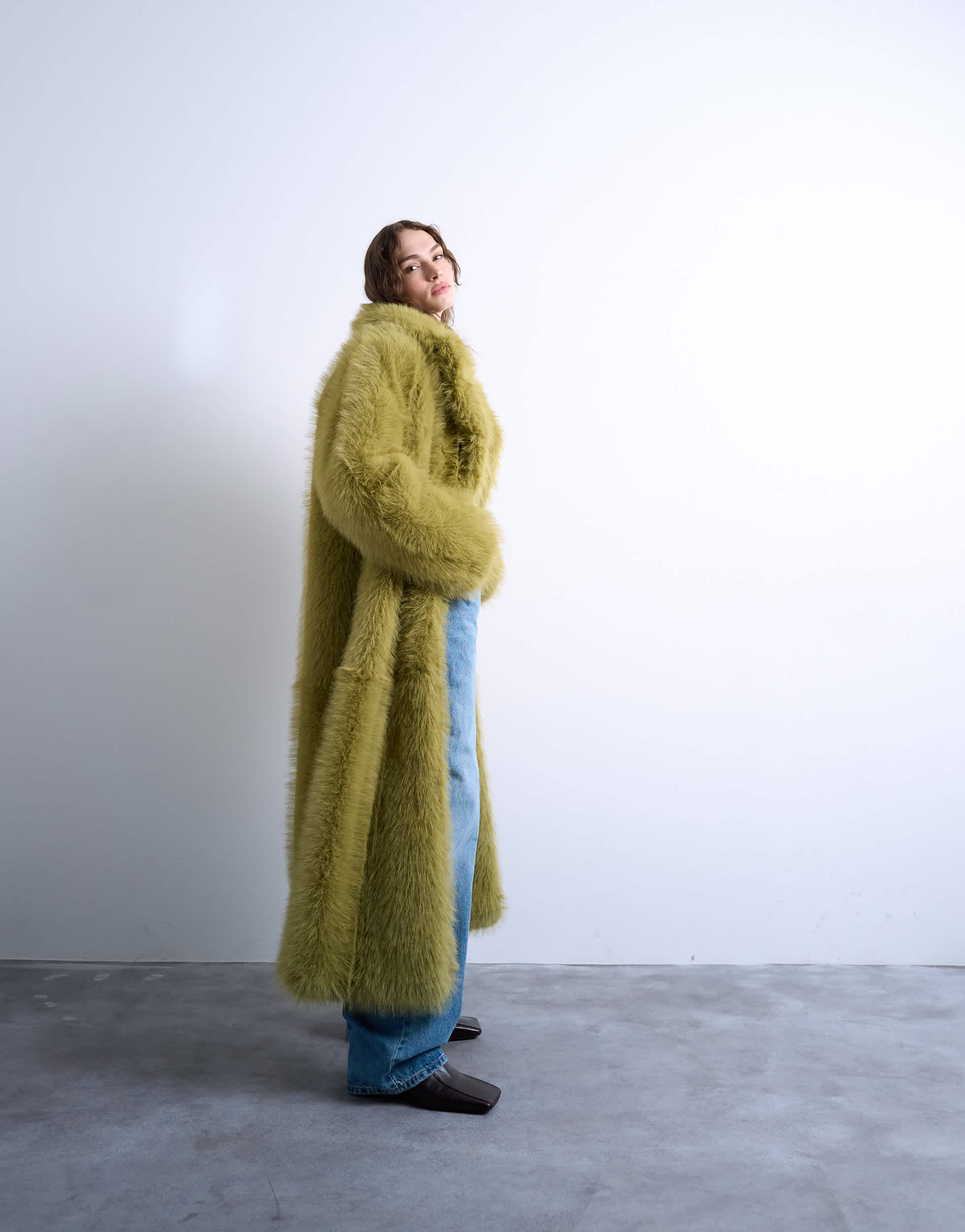 Topshop faux fur super long coat in green