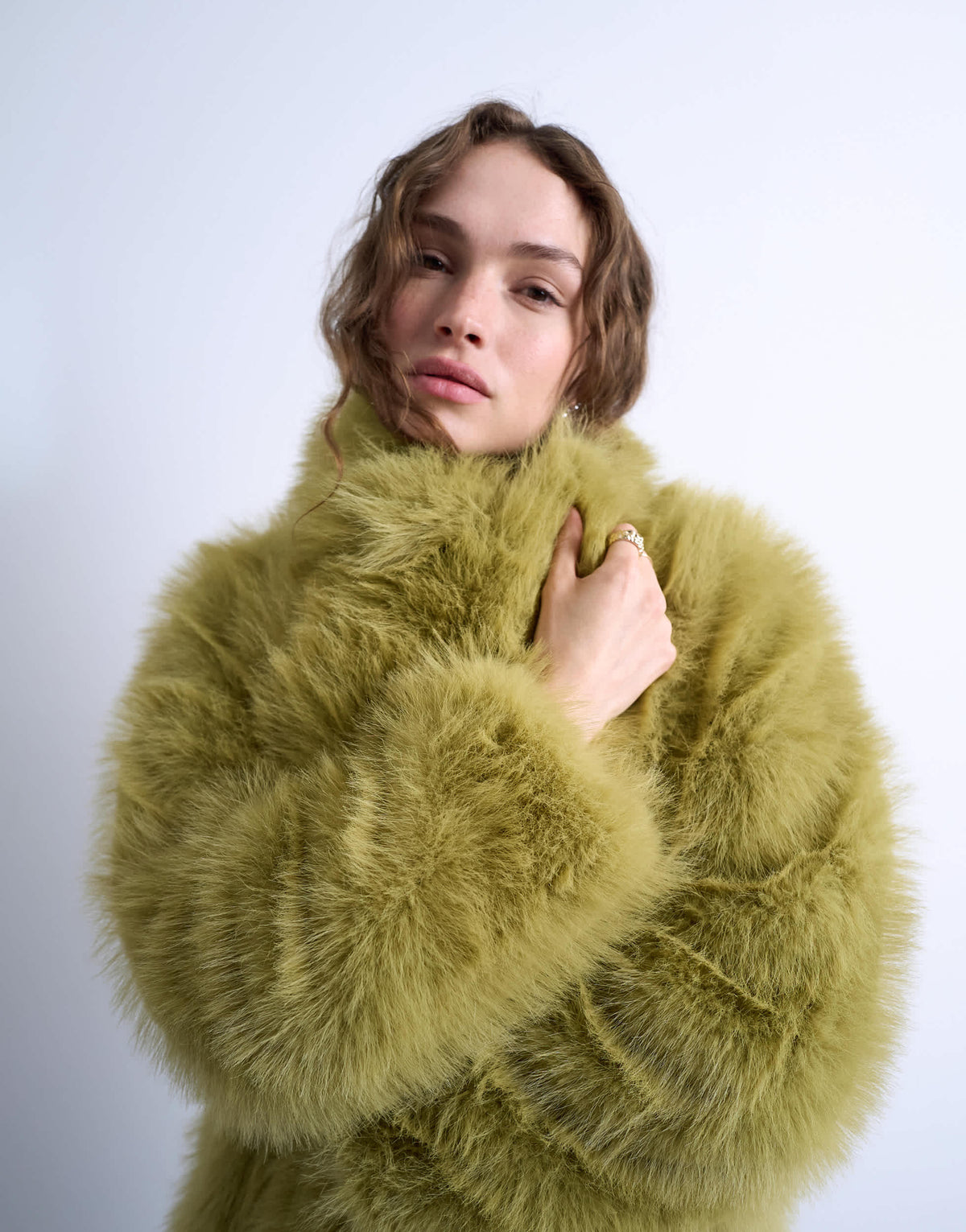Topshop faux fur super long coat in green