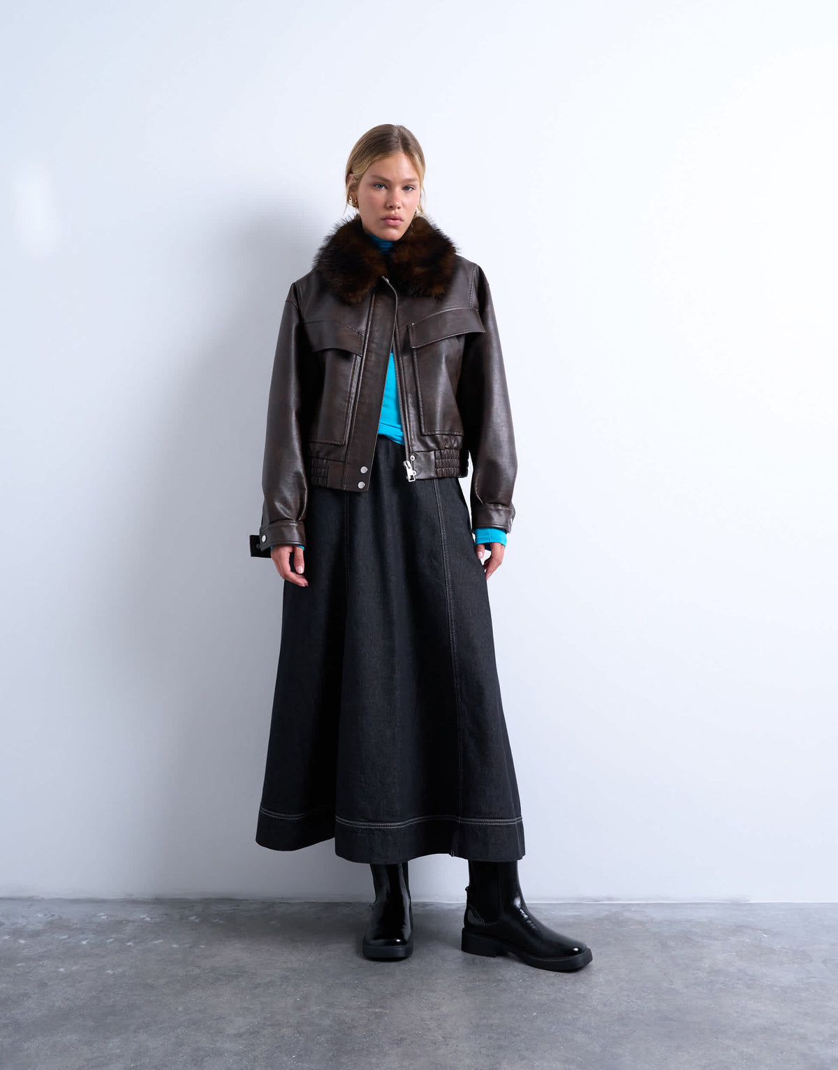 Topshop faux leather boxy zip through pocket bomber jacket with detachable fur collar in washed brown