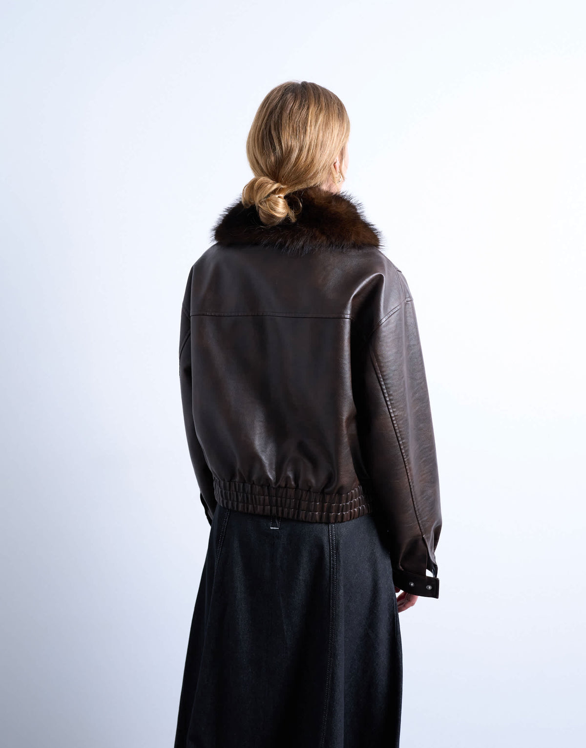 Topshop faux leather boxy zip through pocket bomber jacket with detachable fur collar in washed brown