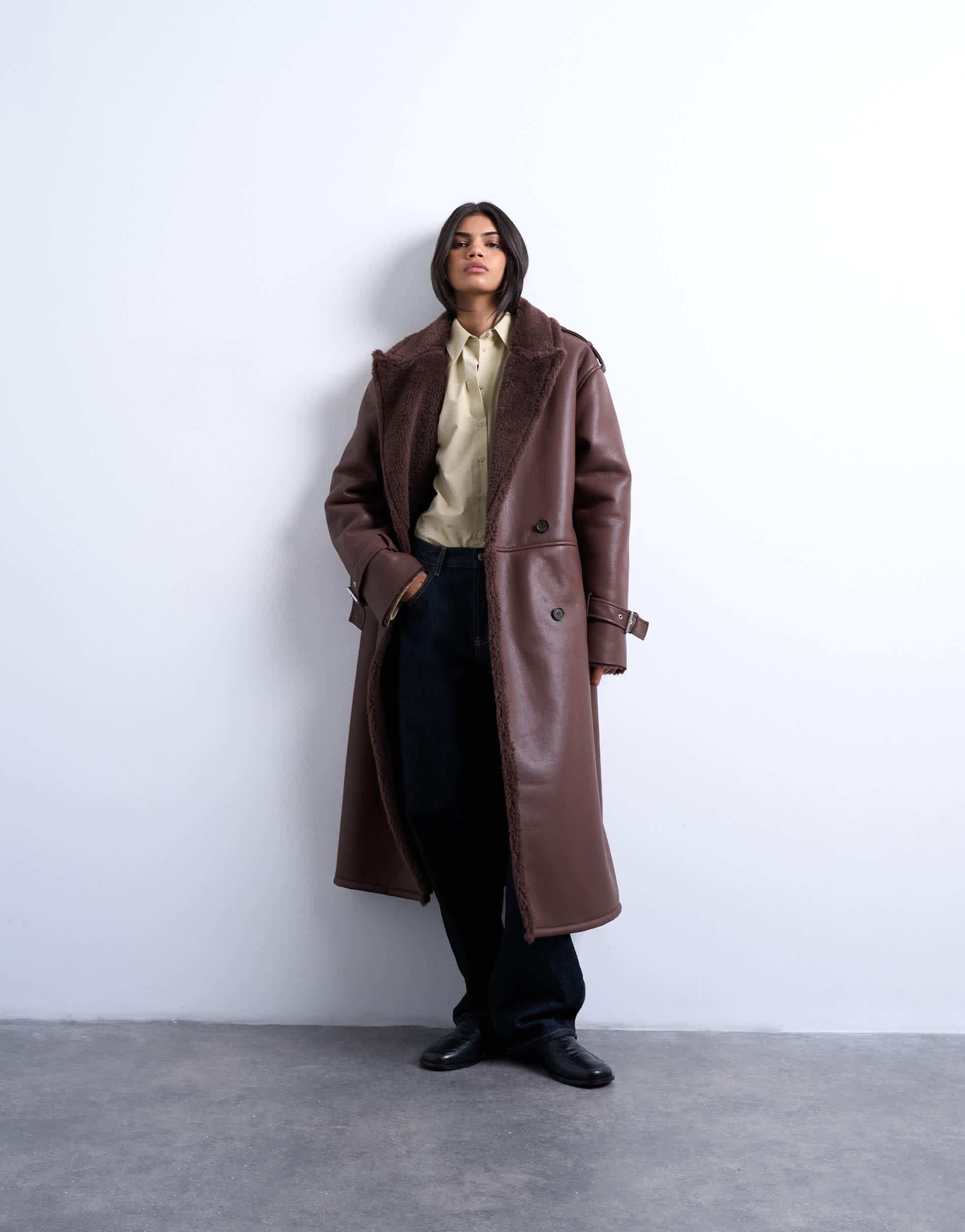 Topshop longline funnel oversized aviator borg coat in chocolate