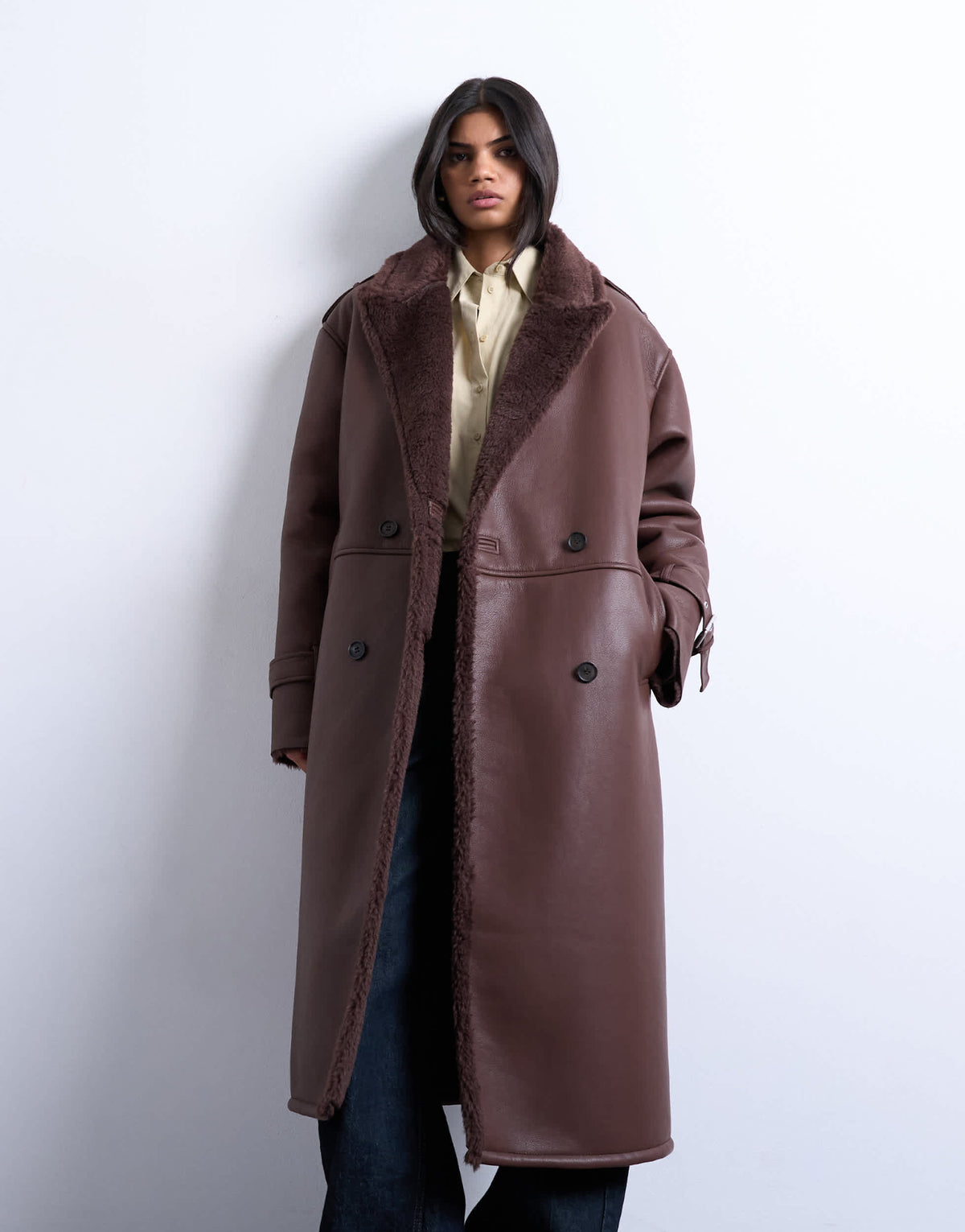 Topshop longline funnel oversized aviator borg coat in chocolate
