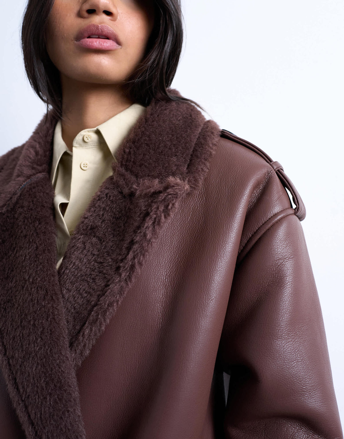 Topshop longline funnel oversized aviator borg coat in chocolate
