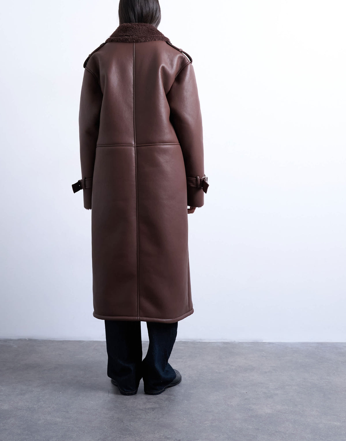 Topshop longline funnel oversized aviator borg coat in chocolate