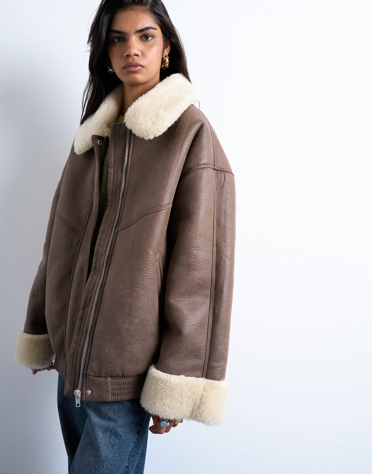 Topshop vintage washed faux shearling super oversized bomber jacket in brown