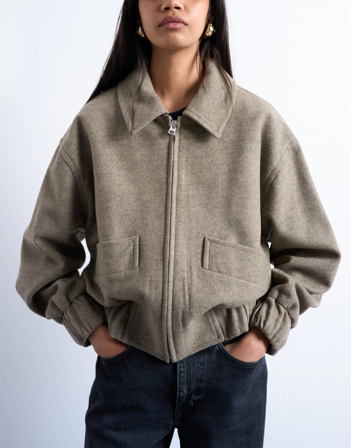 Topshop clean cropped quilted lined bomber with wool in taupe