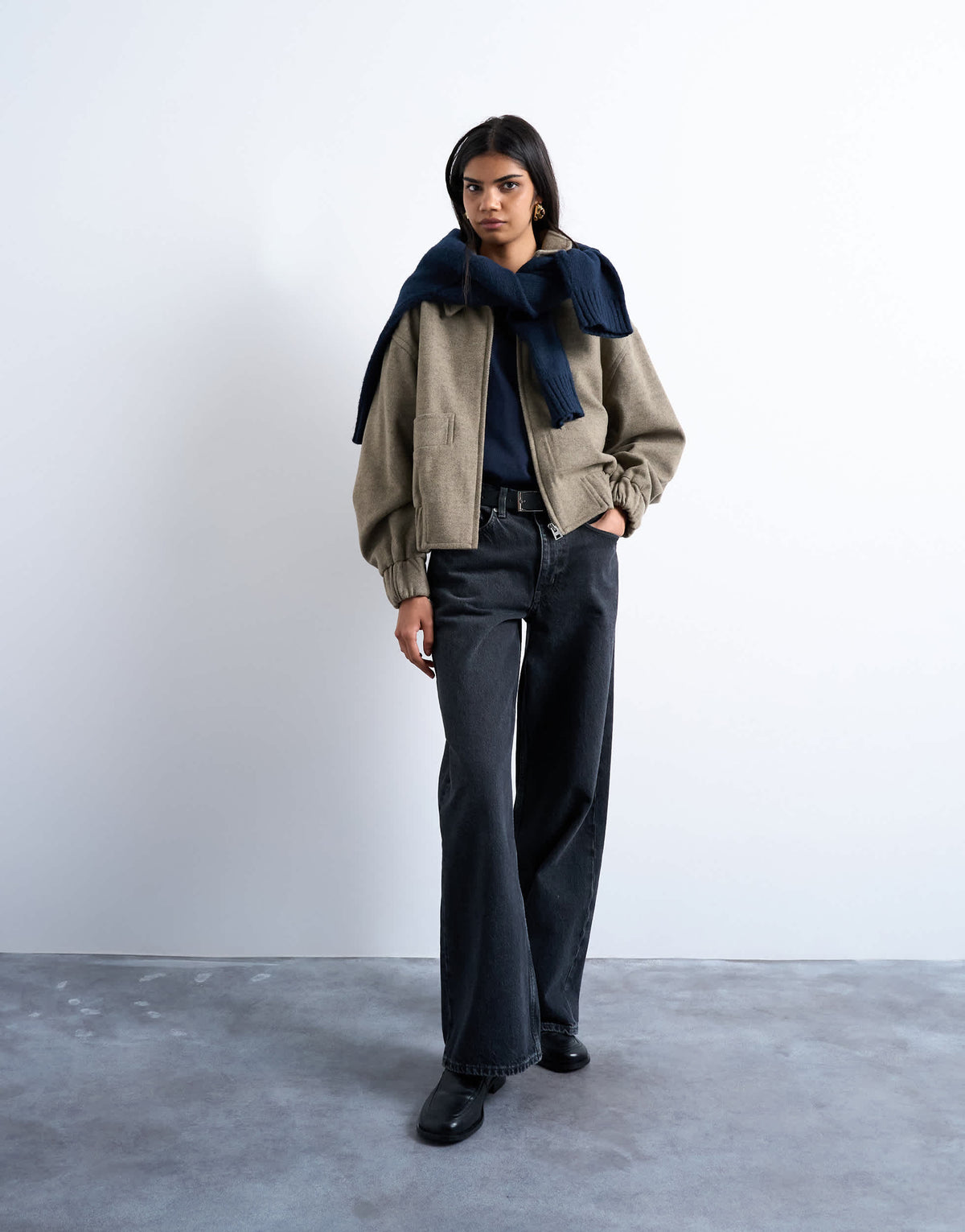 Topshop clean cropped quilted lined bomber with wool in taupe