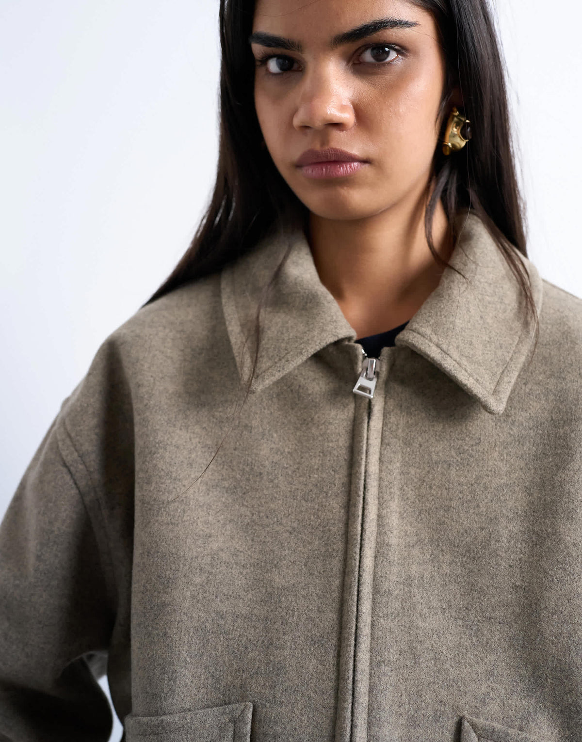 Topshop clean cropped quilted lined bomber with wool in taupe