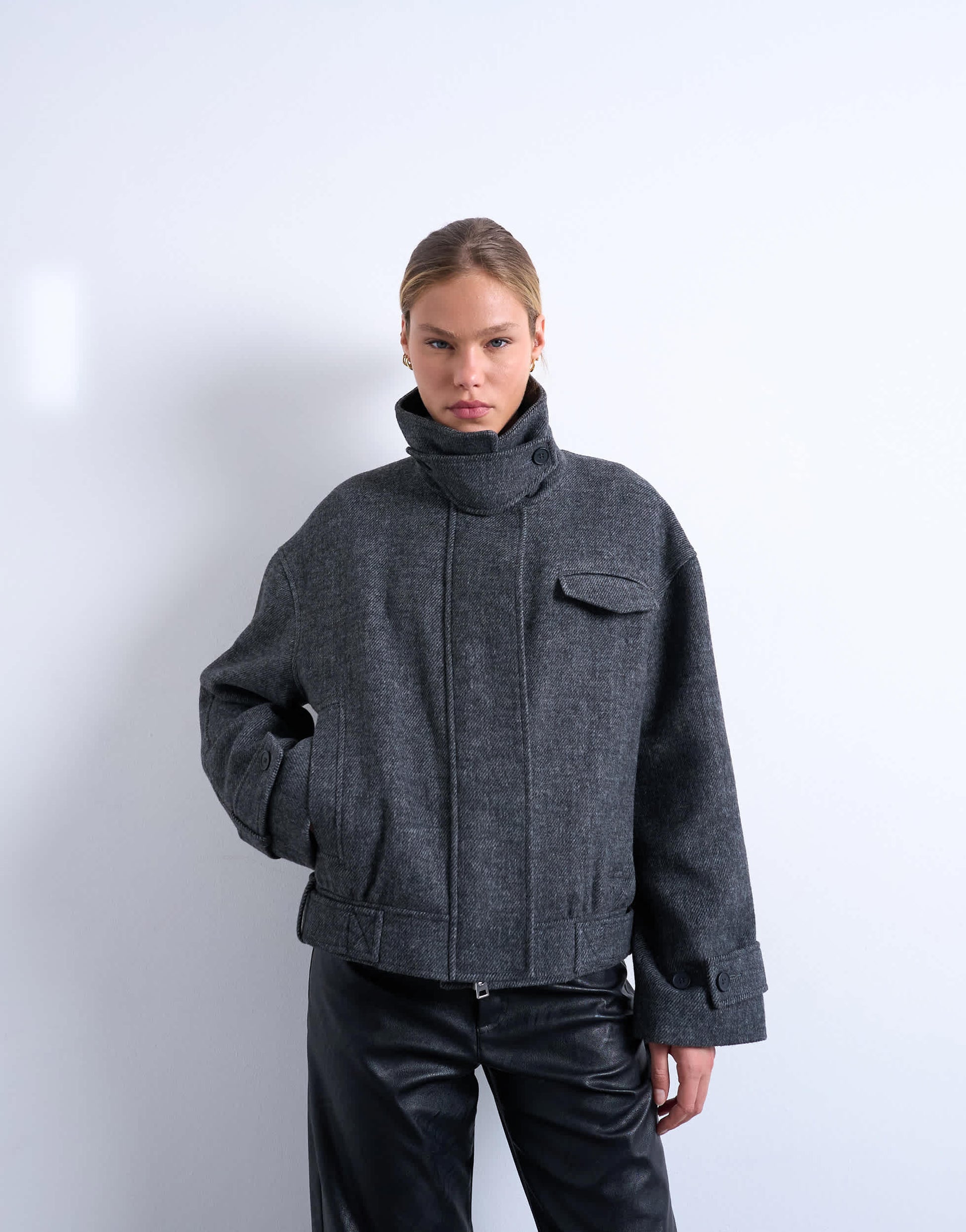 Topshop wool look funnel neck bomber jacket with tab detail in charcoal