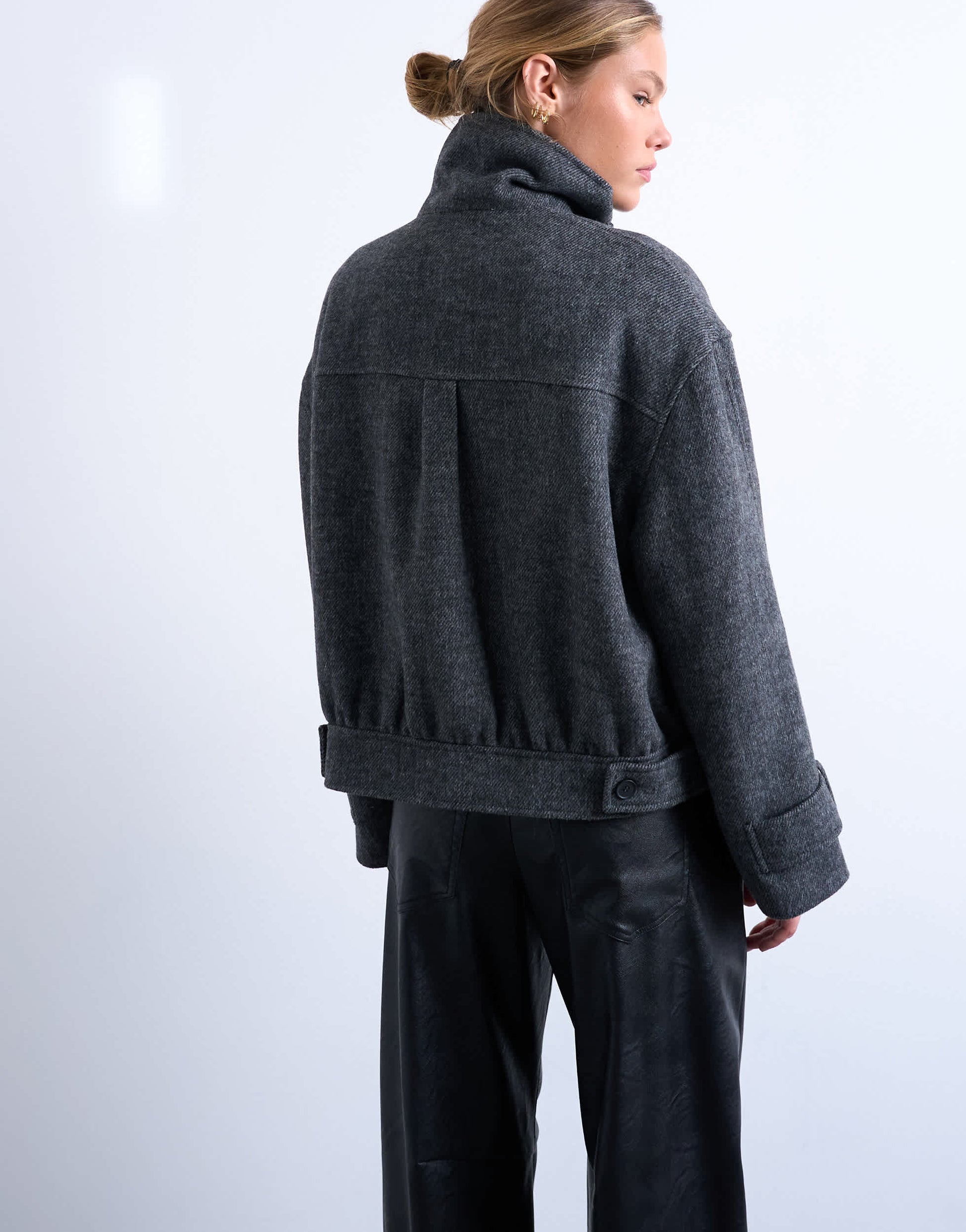 Topshop wool look funnel neck bomber jacket with tab detail in charcoal