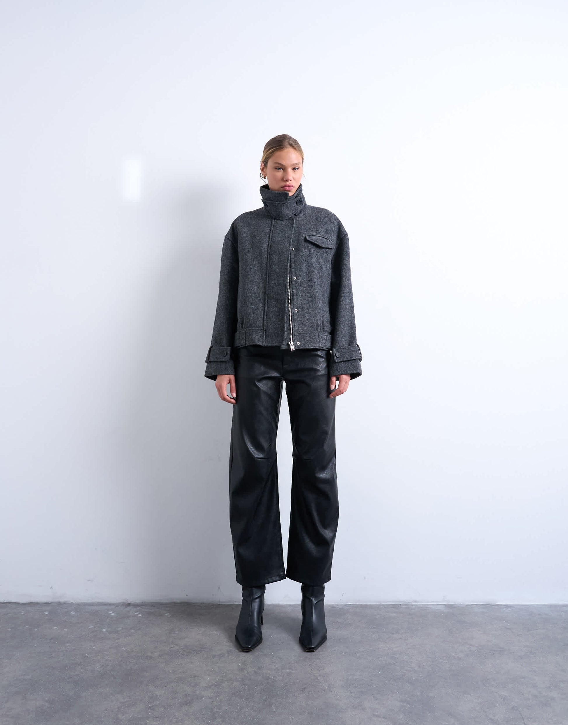 Topshop wool look funnel neck bomber jacket with tab detail in charcoal