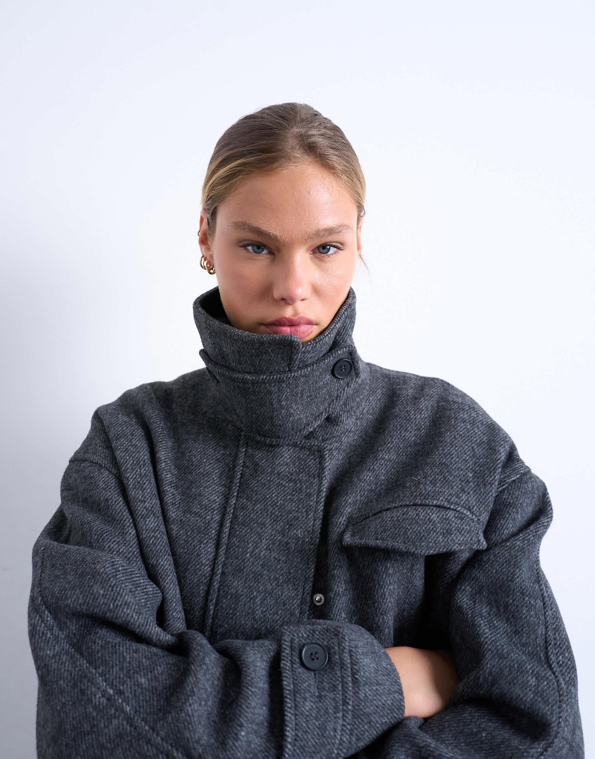 Topshop wool look funnel neck bomber jacket with tab detail in charcoal