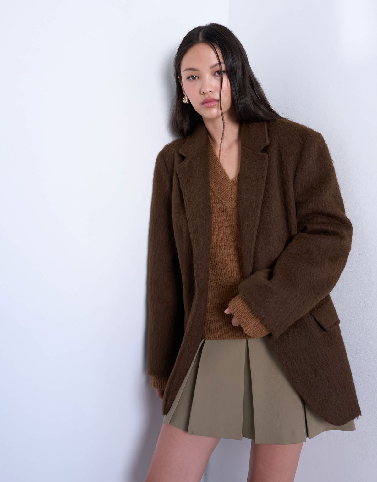Topshop long brushed one button blazer coat with wool in chocolate