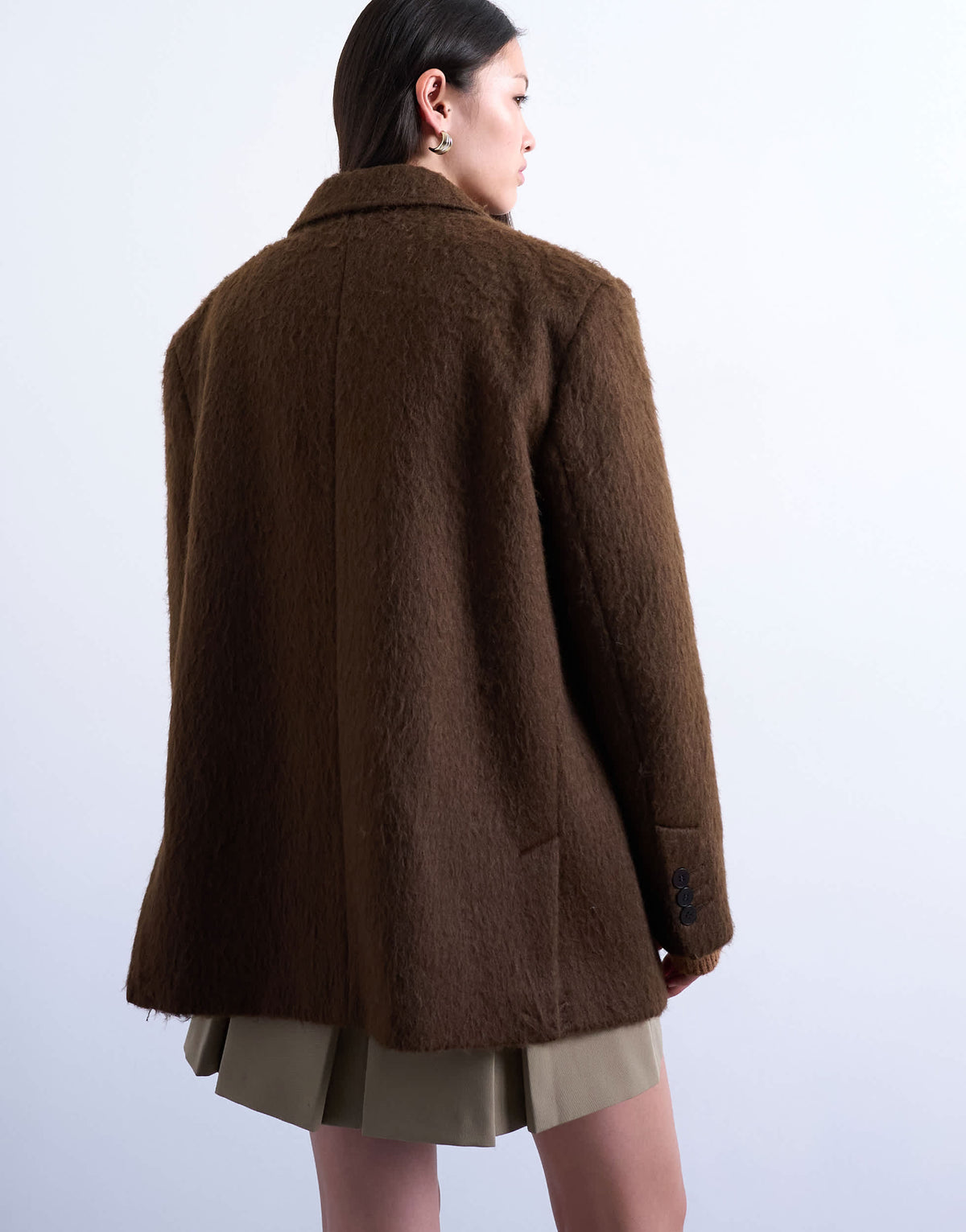 Topshop long brushed one button blazer coat with wool in chocolate