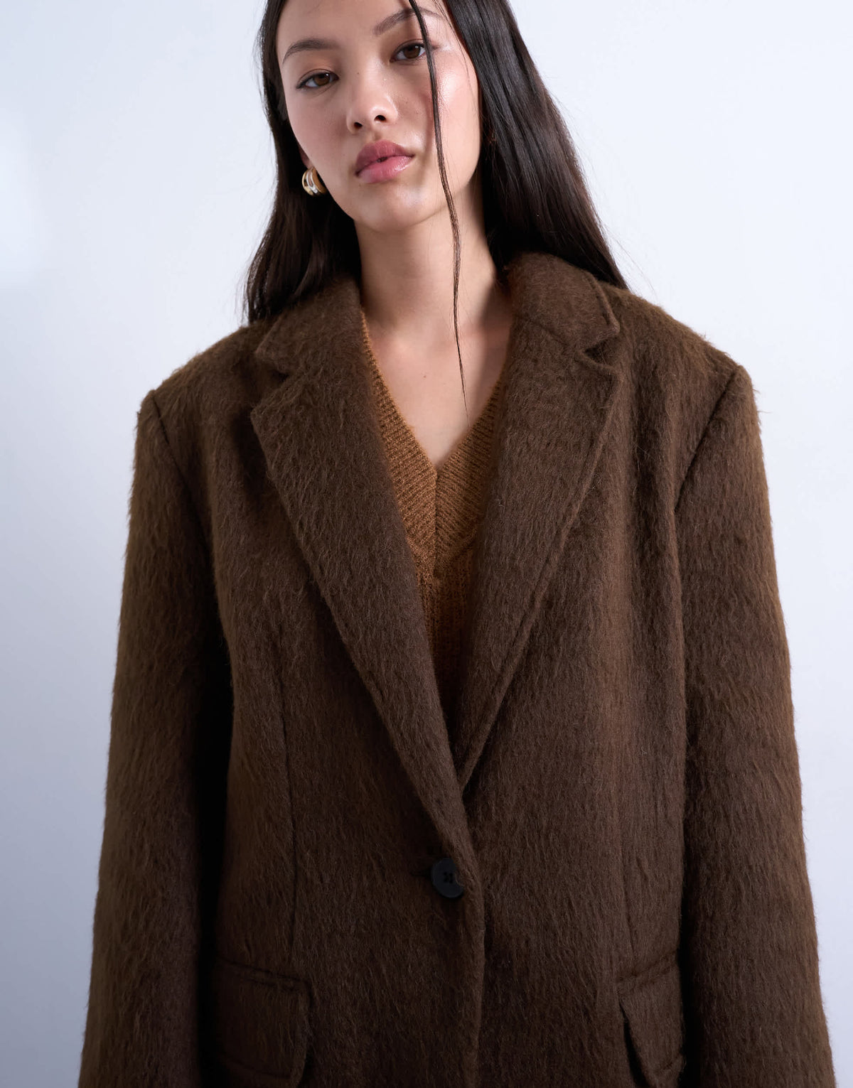 Topshop long brushed one button blazer coat with wool in chocolate