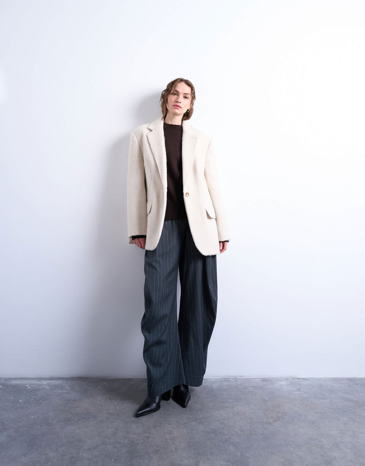 Topshop longline brushed one button blazer coat with wool in cream