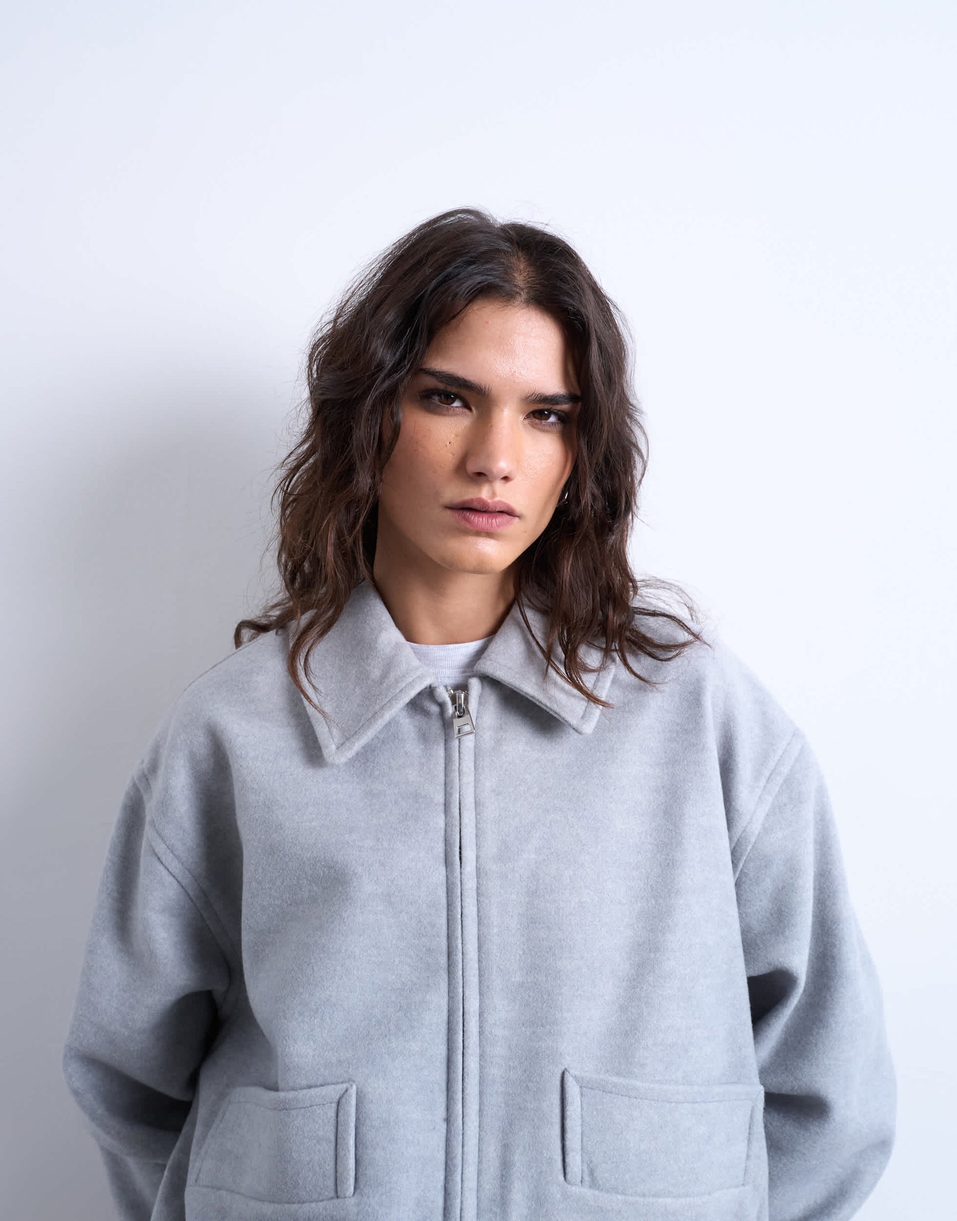 Topshop clean cropped quilted lined bomber with wool in light grey