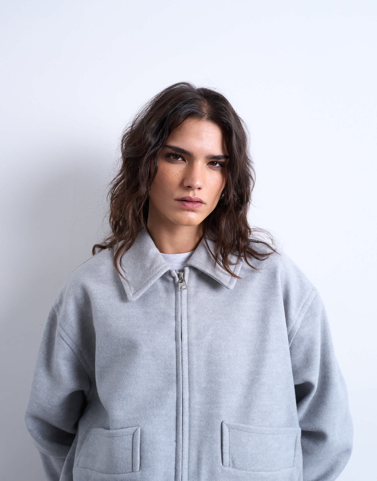 Topshop clean cropped quilted lined bomber with wool in light grey