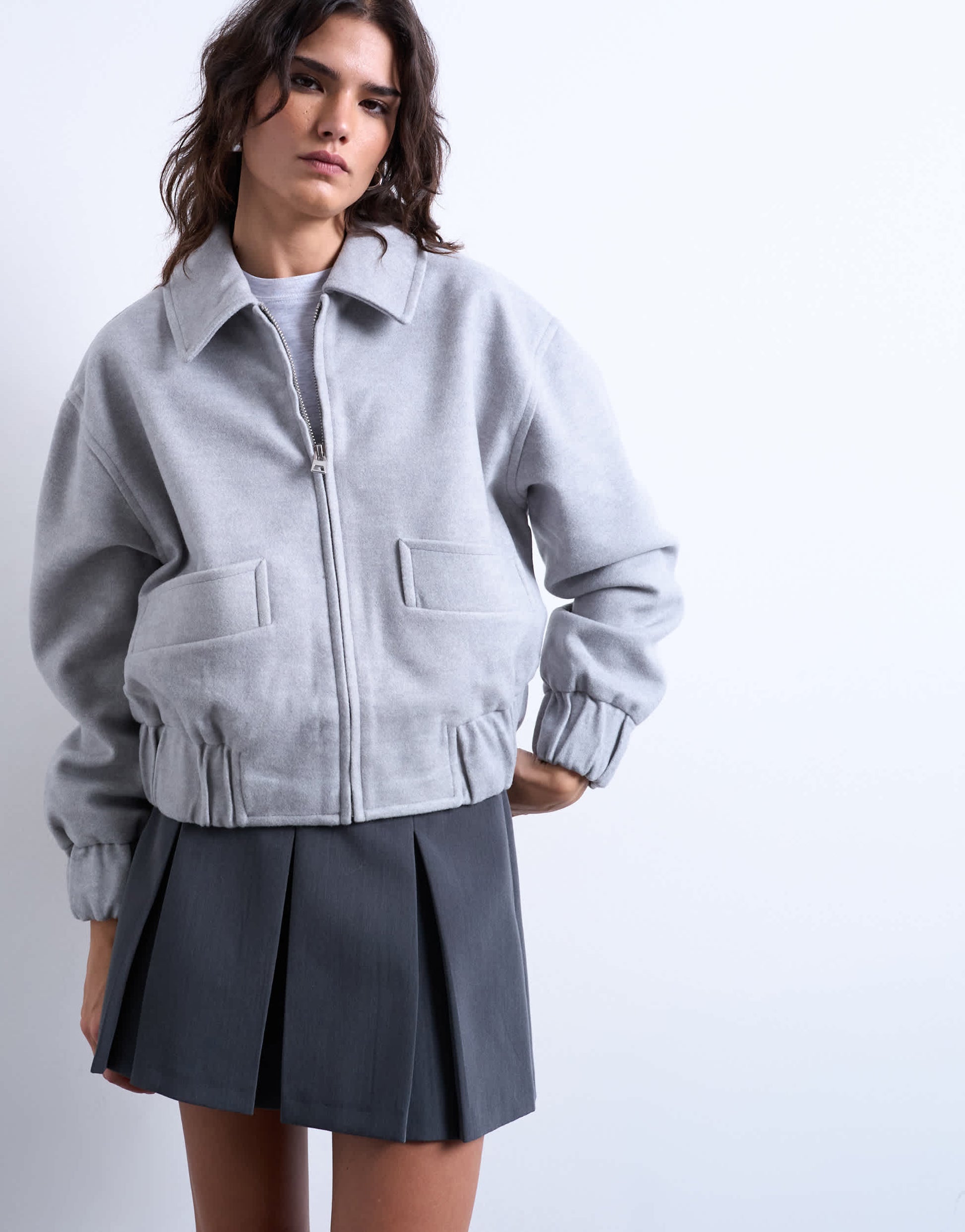 Topshop clean cropped quilted lined bomber with wool in light grey