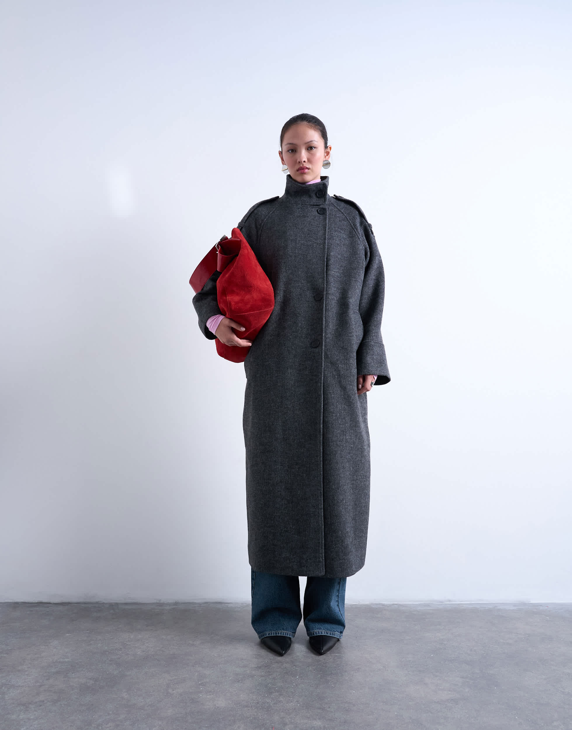Topshop formal longline funnel neck car coat in grey