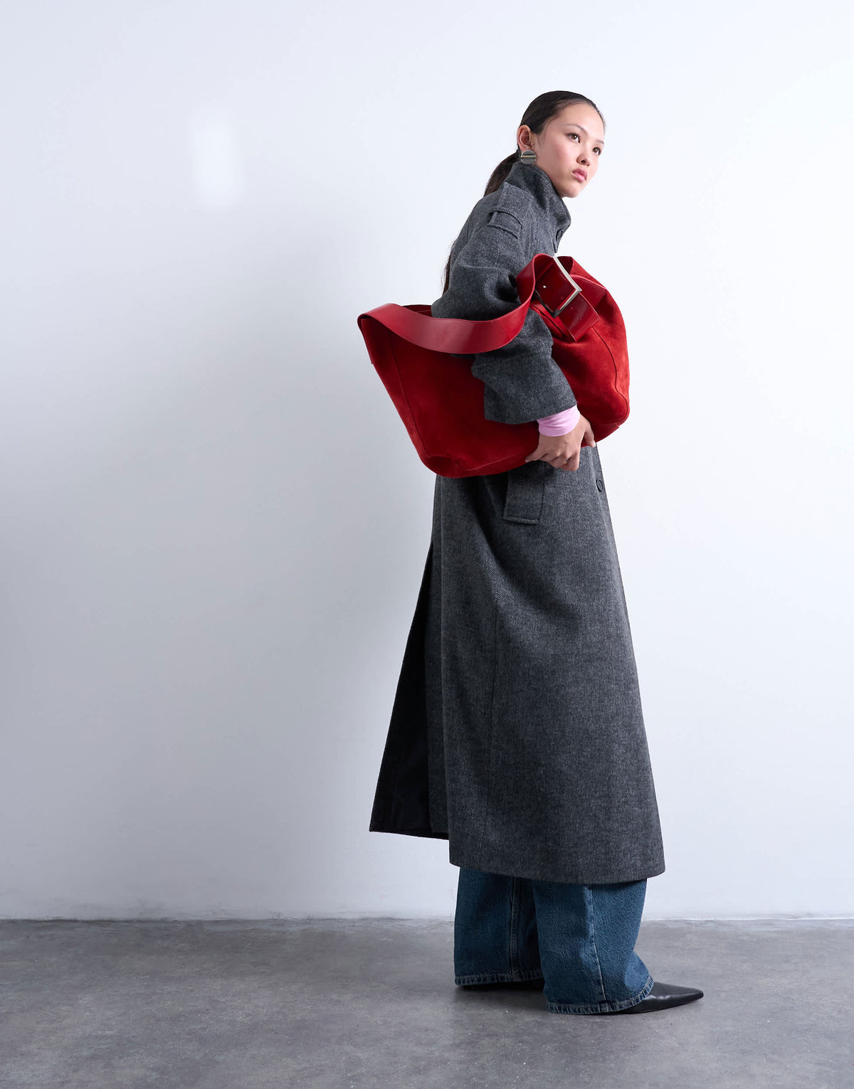 Topshop formal longline funnel neck car coat in grey