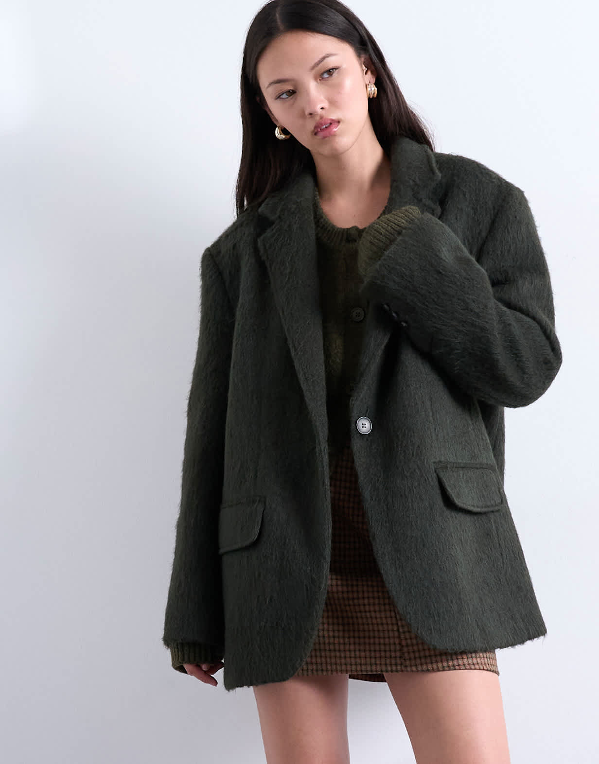 Topshop langer, gebürsteter Ein-Knopf-Blazer aus Wolle in Khaki