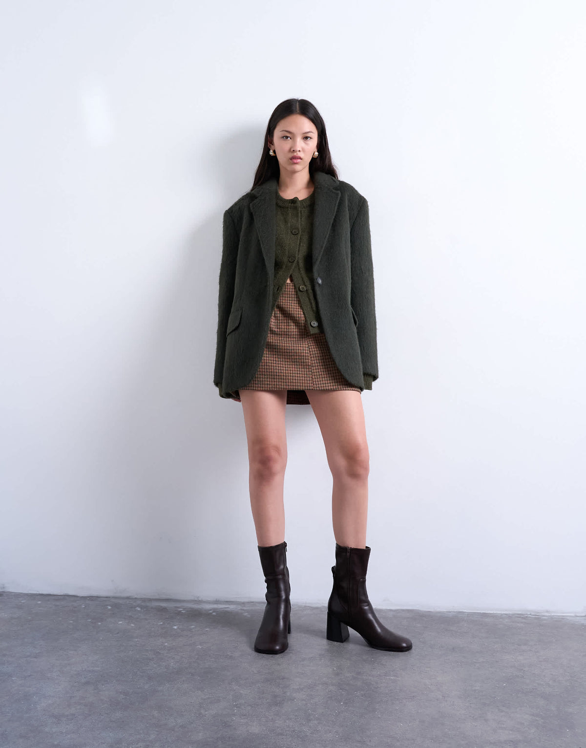 Topshop longline brushed one button blazer coat with wool in khaki