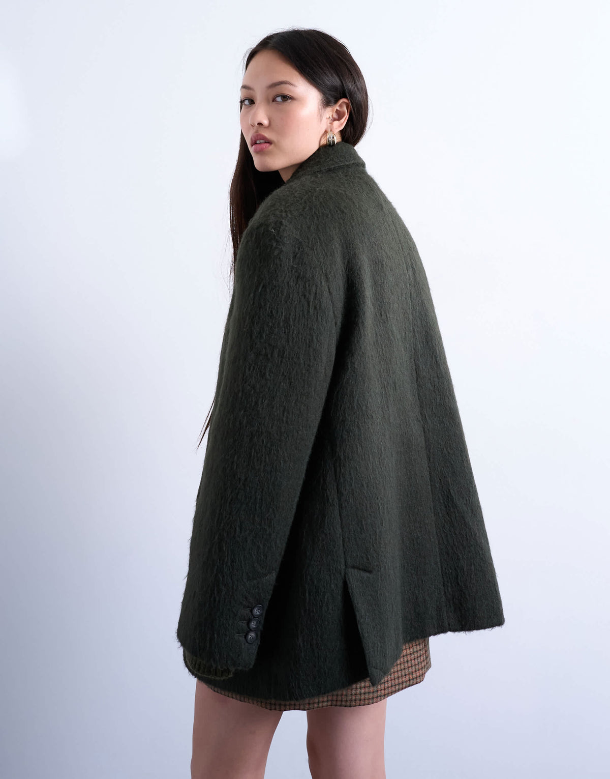 Topshop longline brushed one button blazer coat with wool in khaki