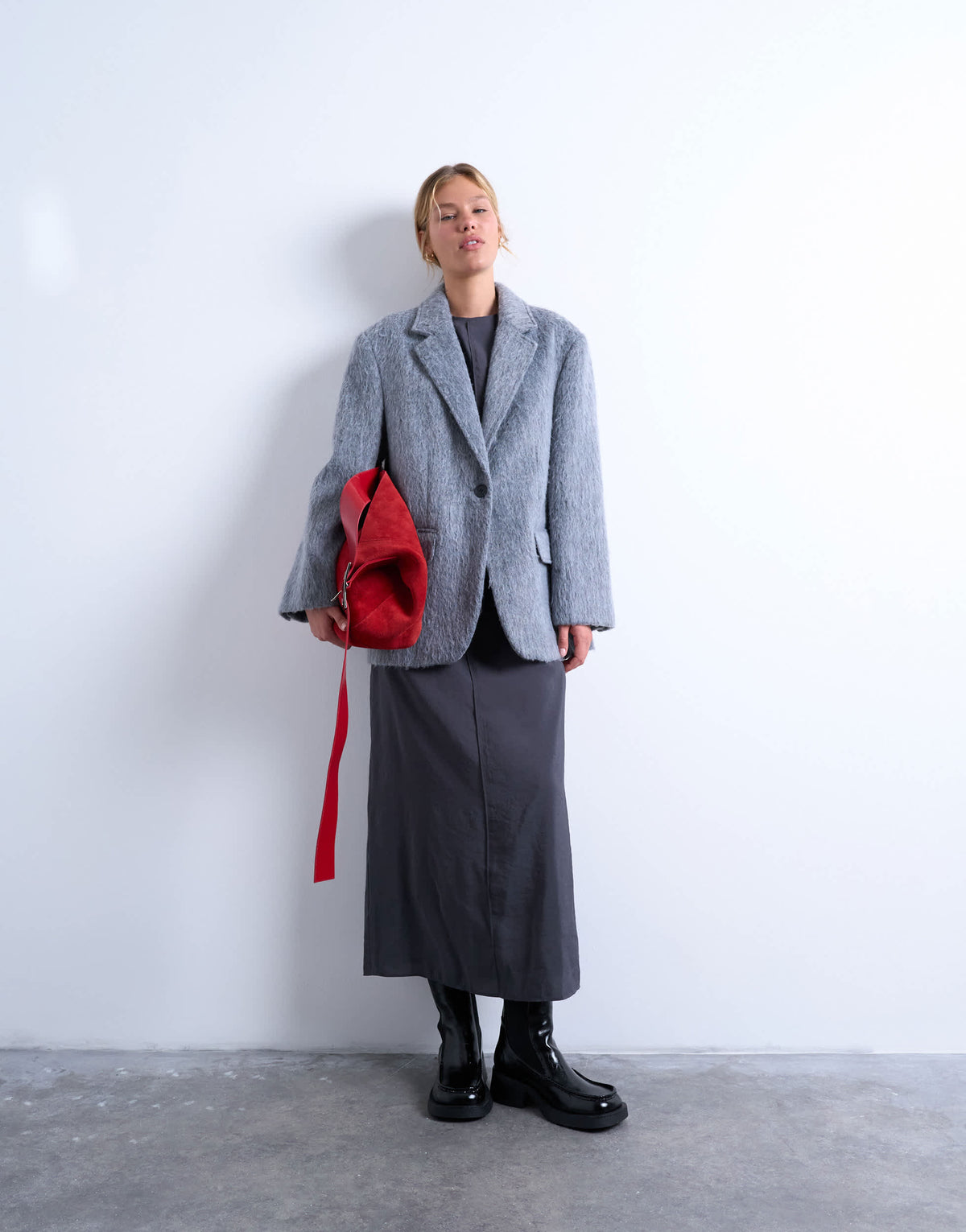 Topshop longline brushed one button blazer coat with wool in grey marl