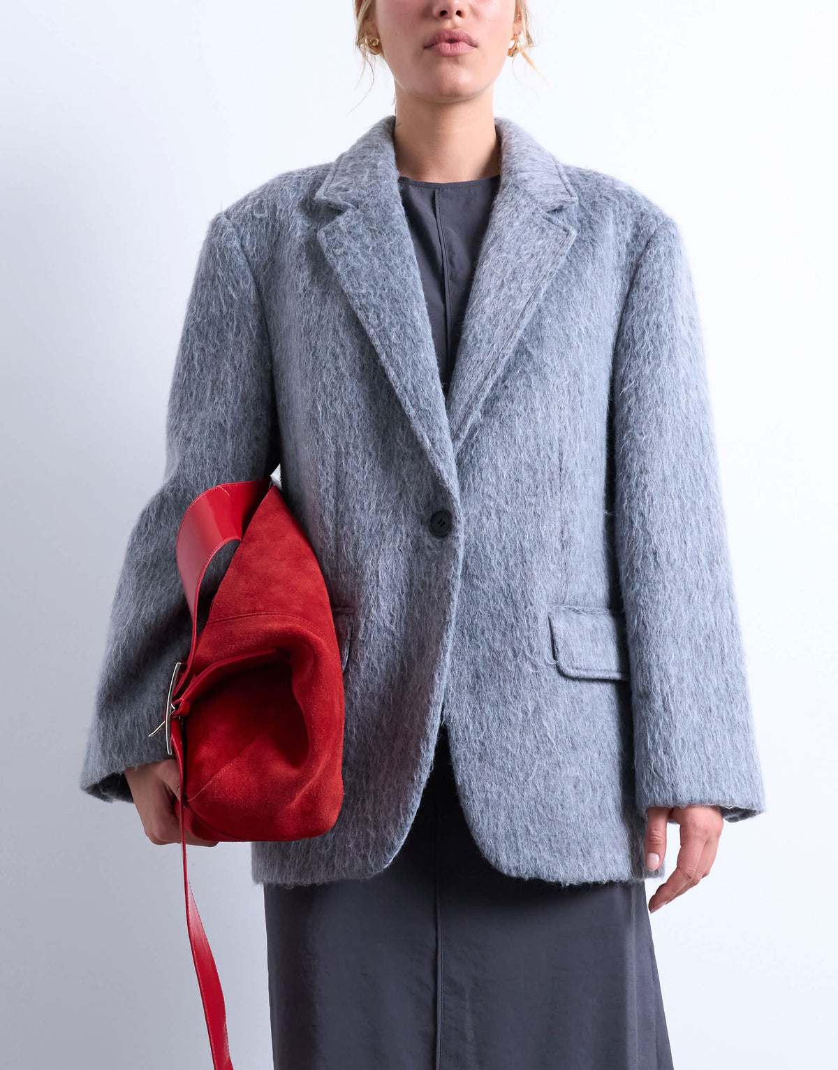 Topshop longline brushed one button blazer coat with wool in grey marl