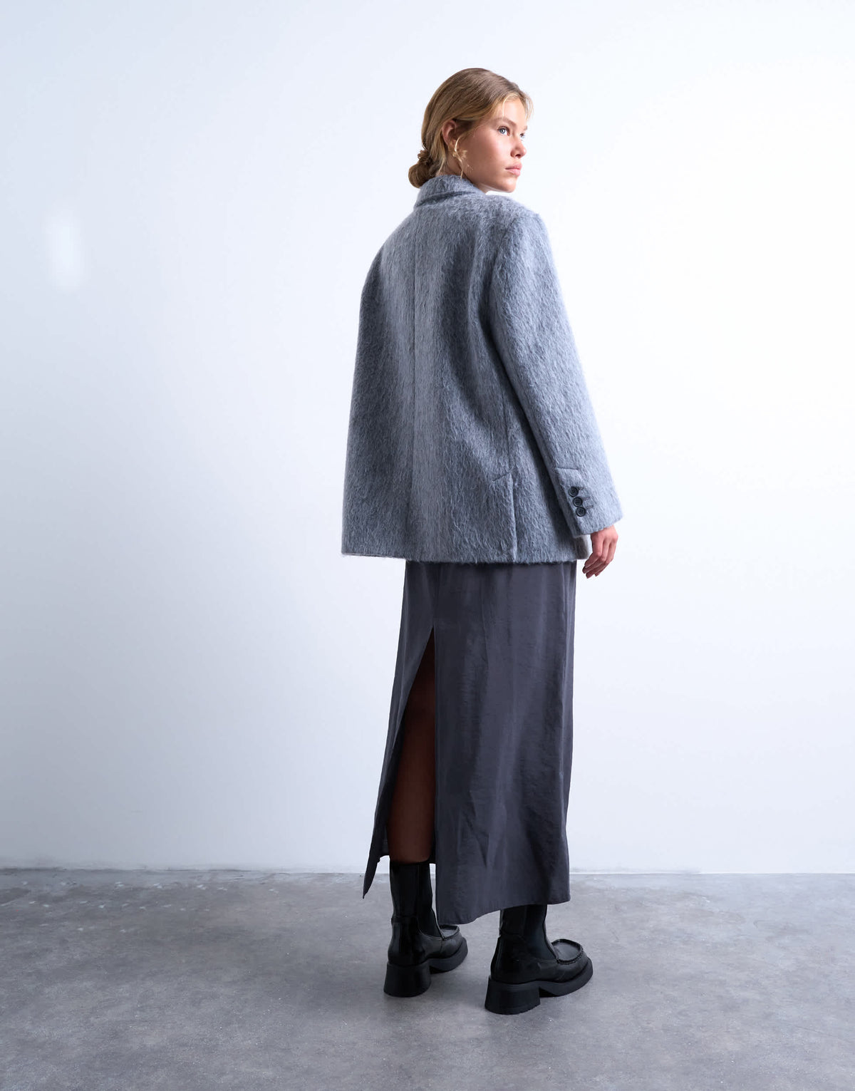 Topshop longline brushed one button blazer coat with wool in grey marl