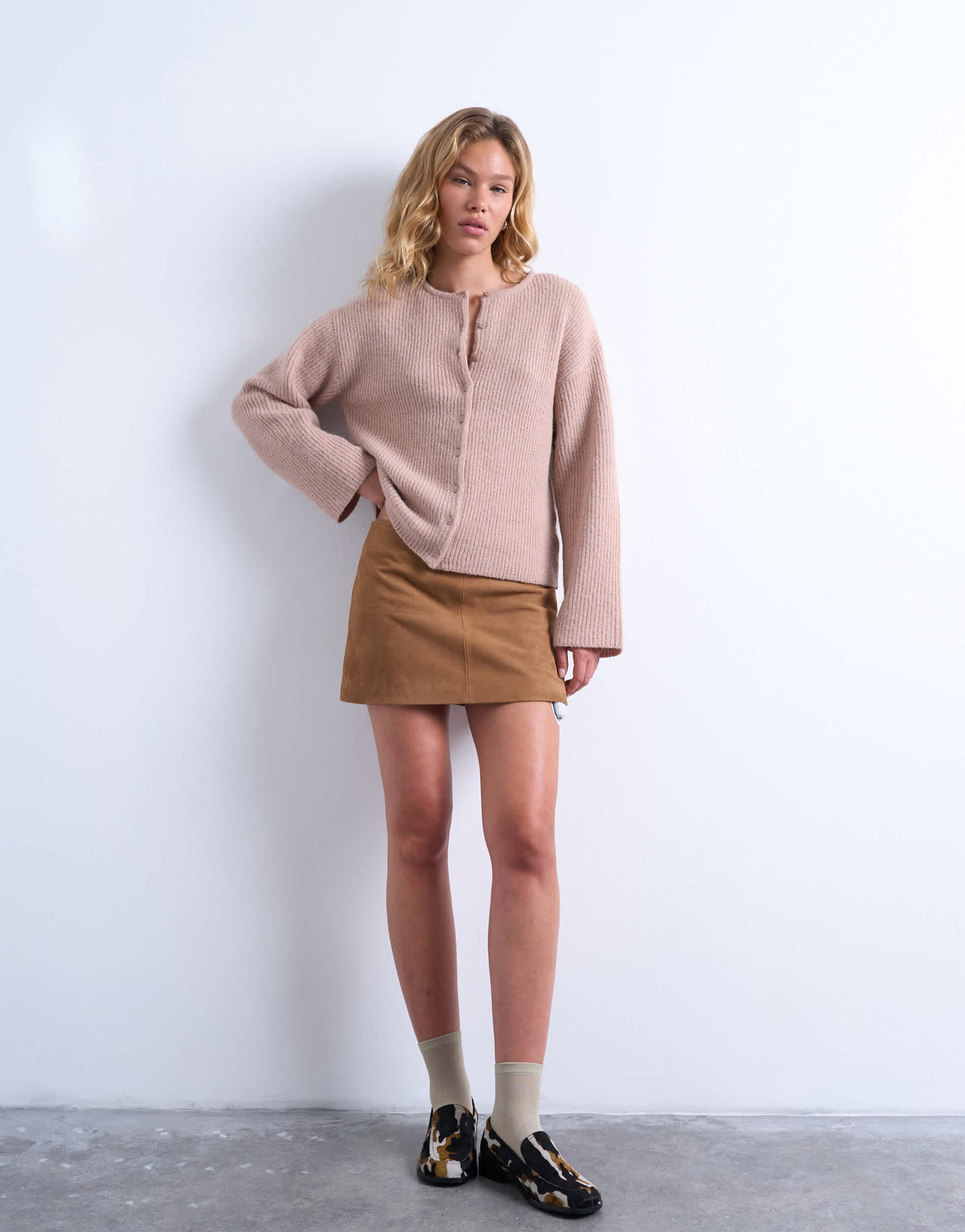 Topshop knitted easy ribbed relaxed cardigan in oat