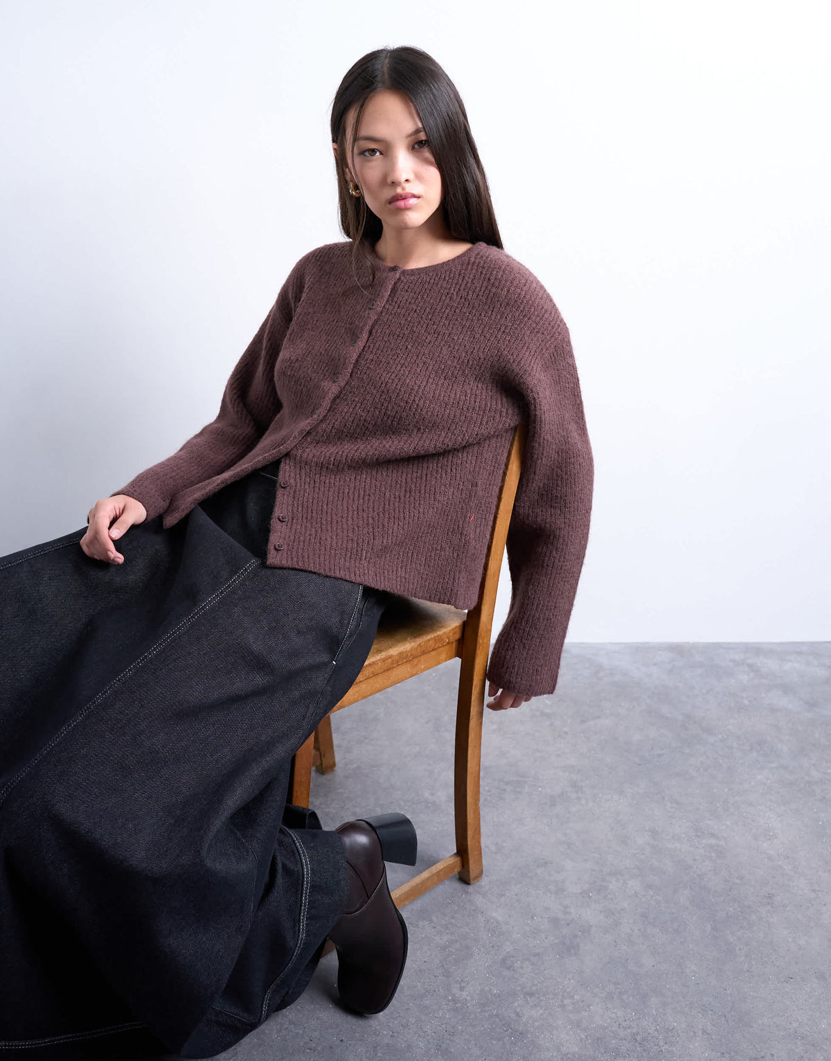 Topshop knitted easy ribbed relaxed cardigan in chocolate