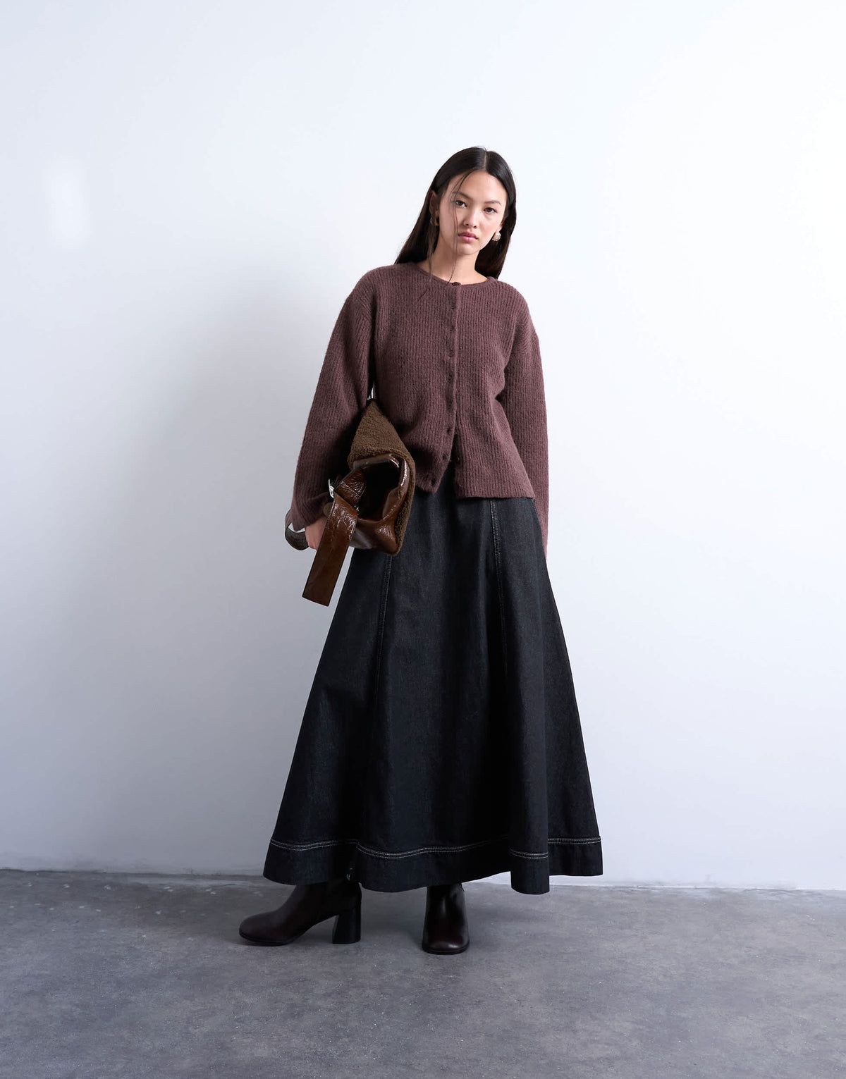 Topshop knitted easy ribbed relaxed cardigan in chocolate